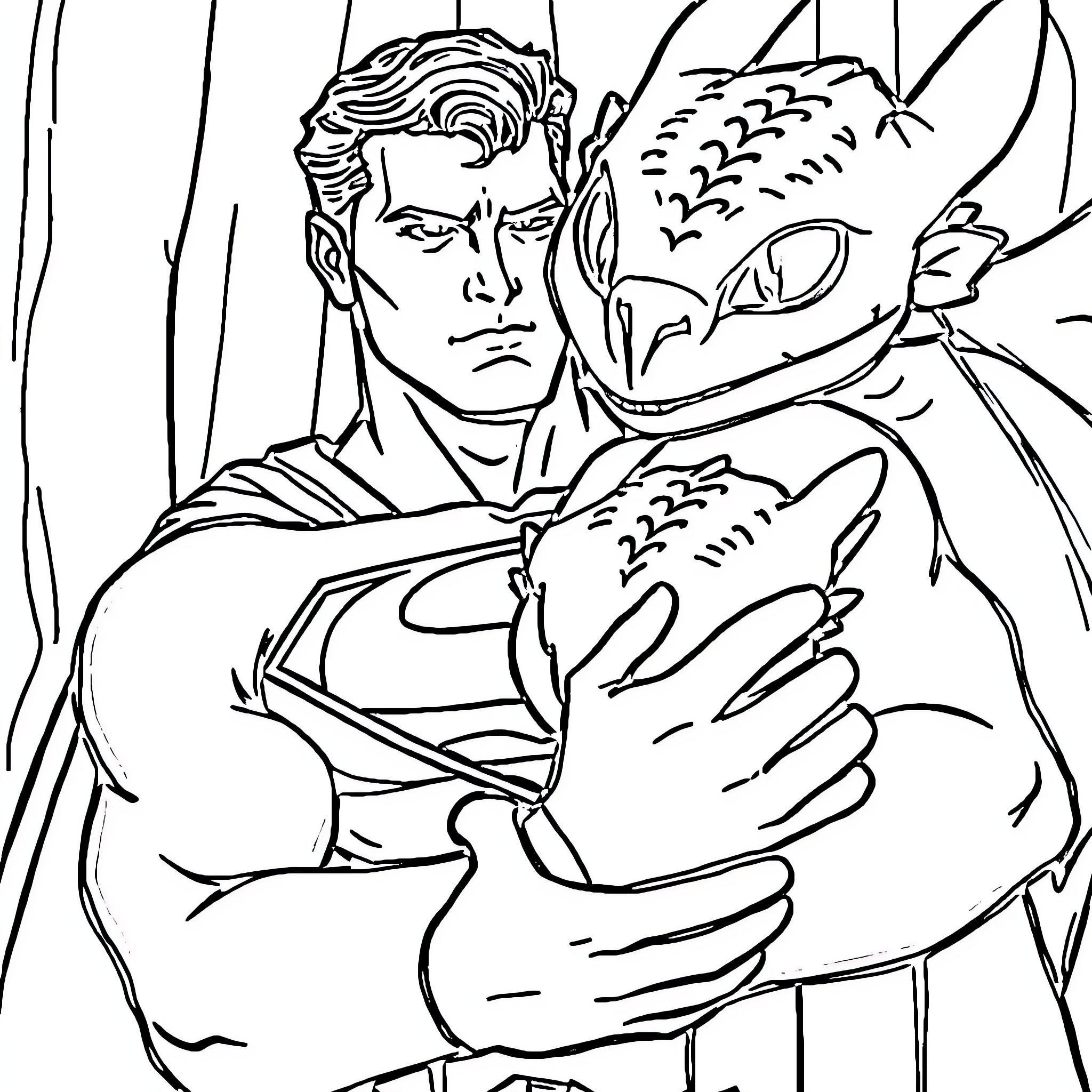 Superman comforting a distressed dragon-like creature Coloring Page (free black-and-white line drawing printable PDF for all, from beginners to advanced learners, including children, teens, adults, and seniors)