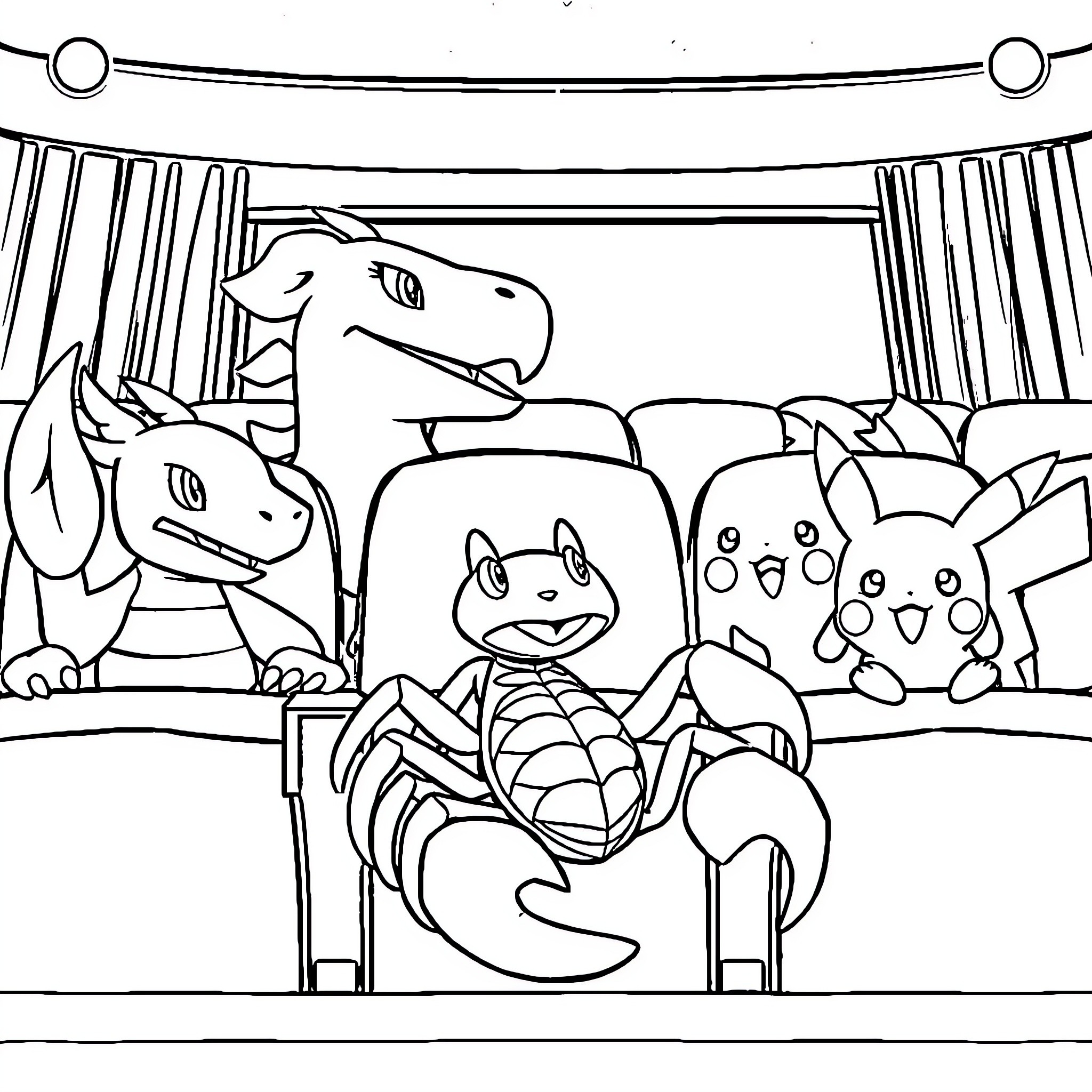 Scorpion-like creatures in a playful scene Coloring Page (free black-and-white line drawing printable PDF for all, from beginners to advanced learners, including children, teens, adults, and seniors)
