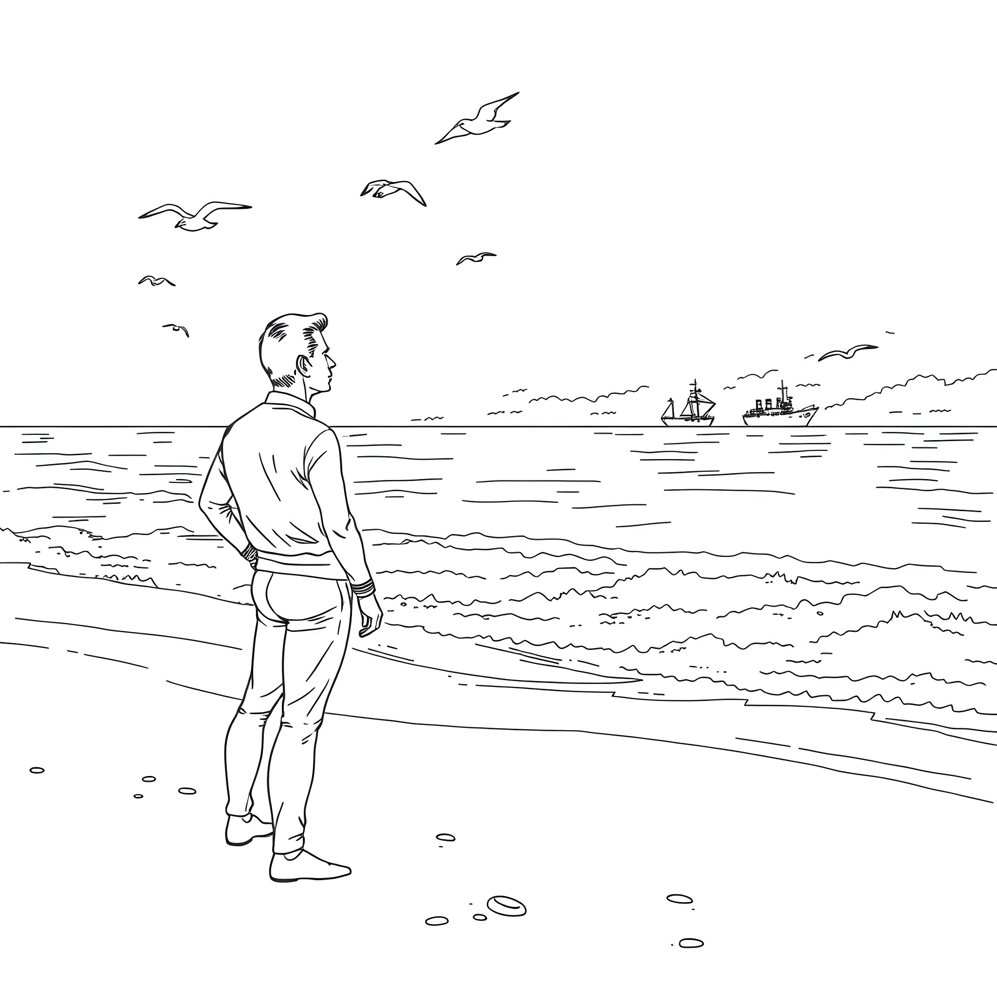 Captain Kirk gazing out at the ocean and ships Coloring Page (free black-and-white line drawing printable PDF for all, from beginners to advanced learners, including children, teens, adults, and seniors)