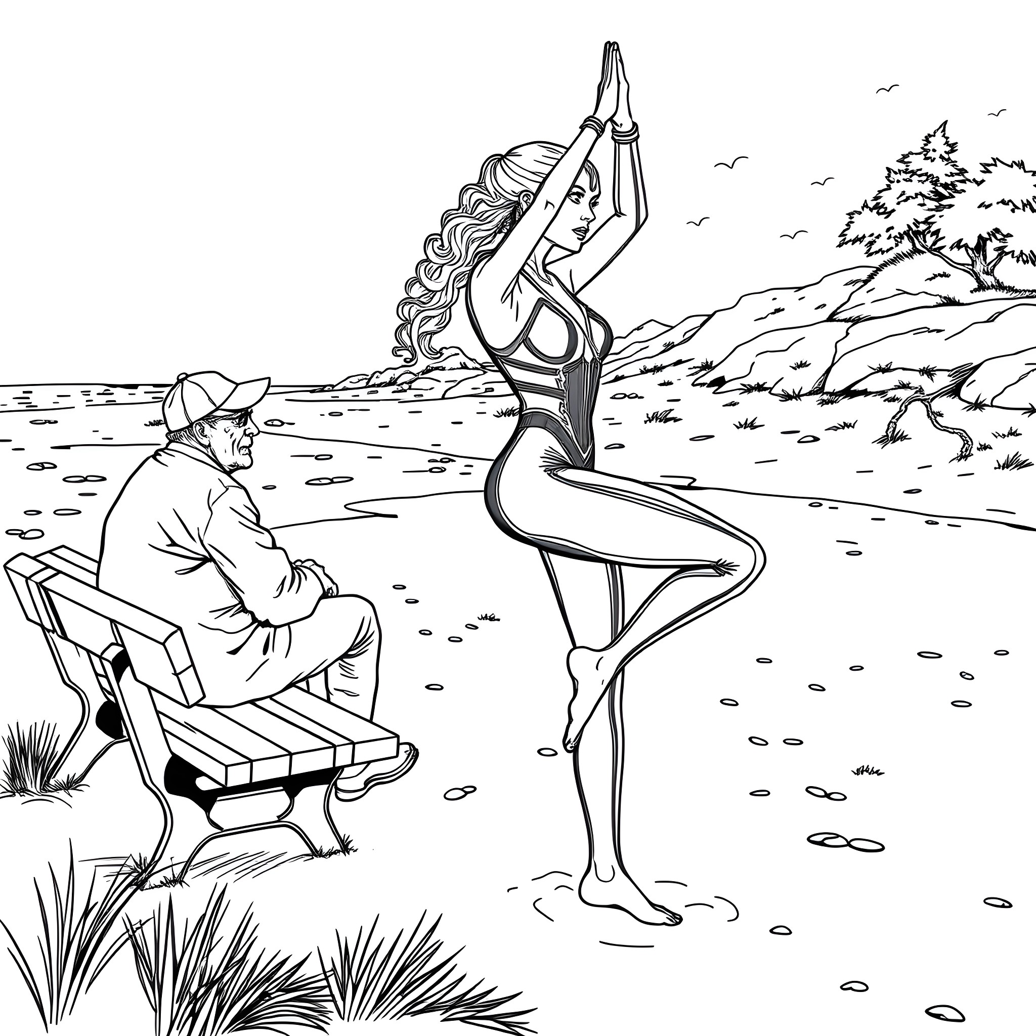 Black Widow's Graceful Dance on the Beach Coloring Page (free black-and-white line drawing printable PDF for all, from beginners to advanced learners, including children, teens, adults, and seniors)
