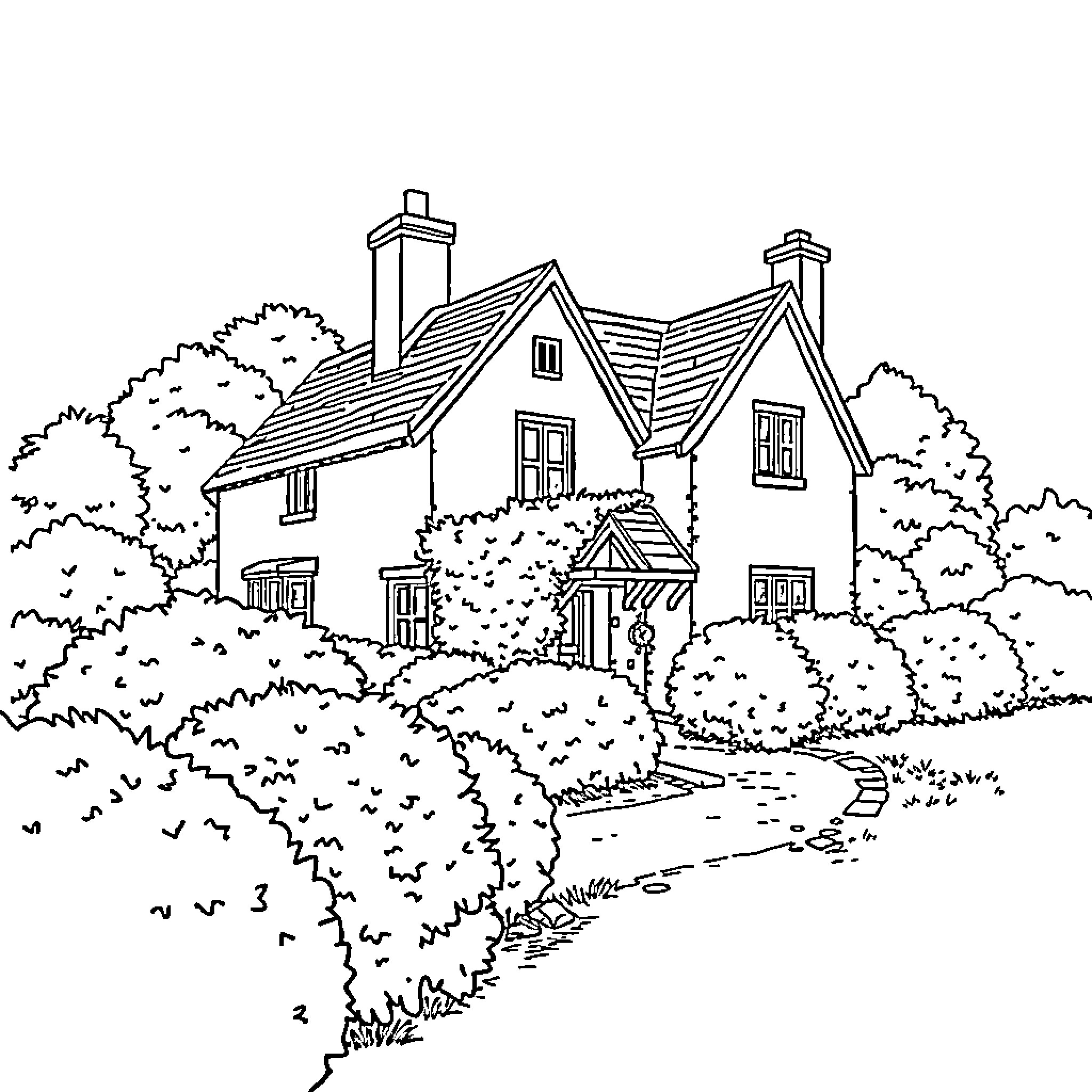 Farmhouse nestled among lush greenery Coloring Page (free black-and-white line drawing printable PDF for all, from beginners to advanced learners, including children, teens, adults, and seniors)