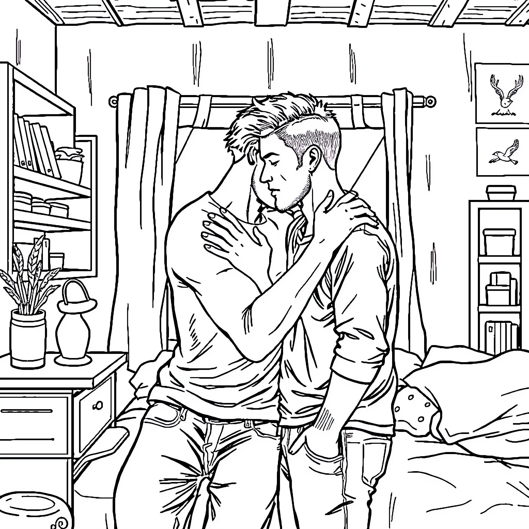 Hombre abrazando emocionalmente a otro hombre en una habitación Coloring Page (free black-and-white line drawing printable PDF for all, from beginners to advanced learners, including children, teens, adults, and seniors)