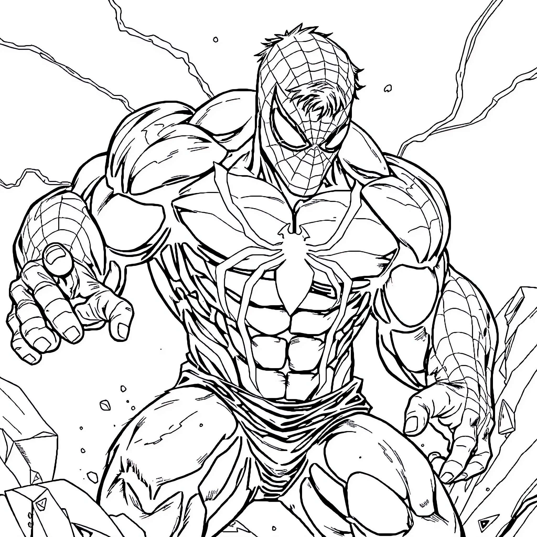 Spiderman leaping into action with determination Coloring Page (free black-and-white line drawing printable PDF for all, from beginners to advanced learners, including children, teens, adults, and seniors)
