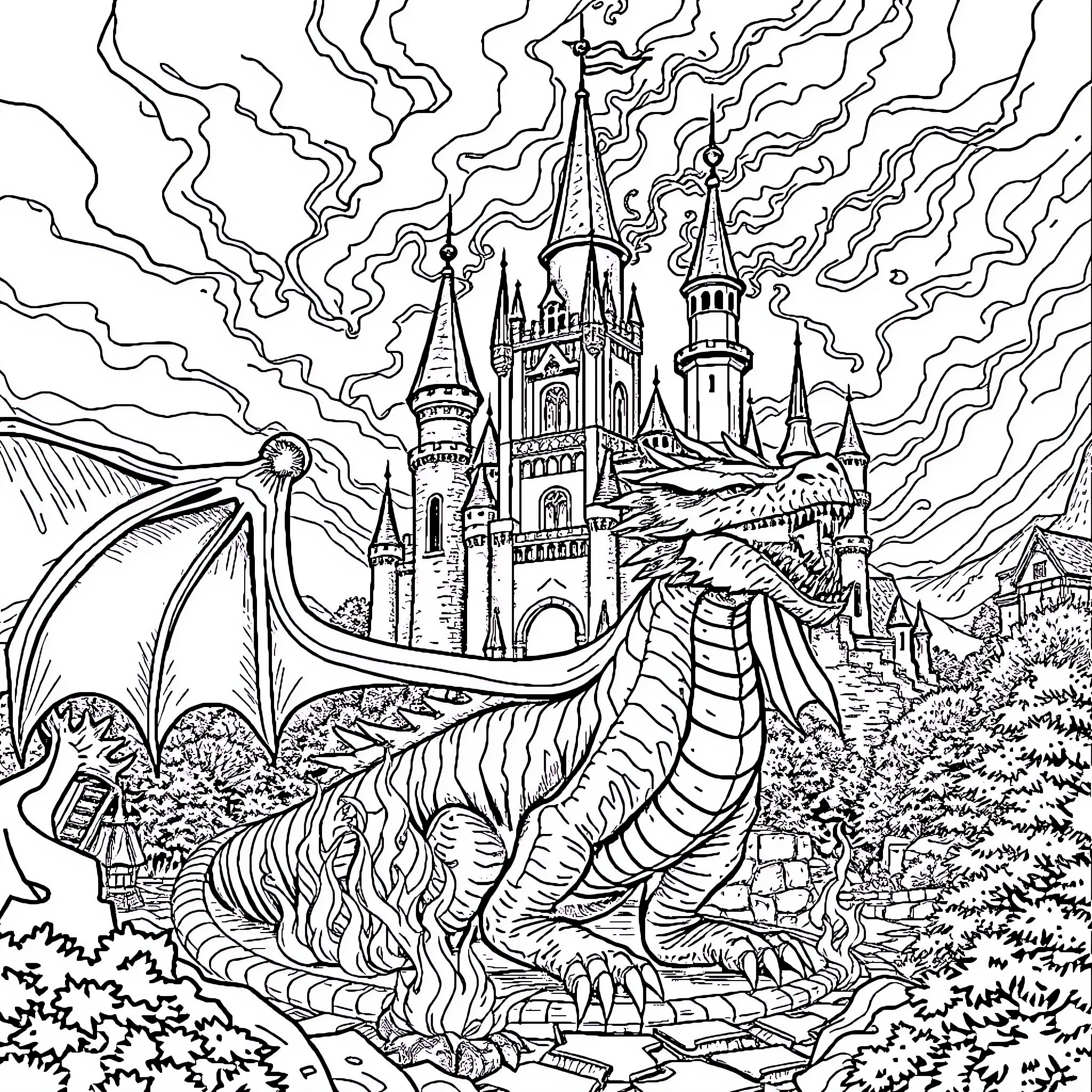 Dragon guarding a fantasy castle in the mountains Coloring Page (free black-and-white line drawing printable PDF for all, from beginners to advanced learners, including children, teens, adults, and seniors)