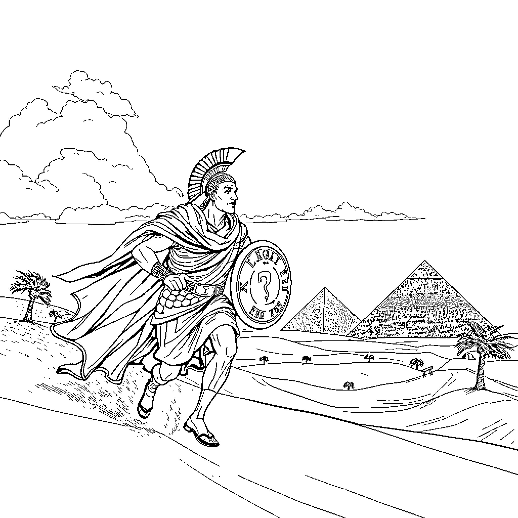 Roman Reigns in Ancient Egyptian Warrior Pose Coloring Page (free black-and-white line drawing printable PDF for all, from beginners to advanced learners, including children, teens, adults, and seniors)