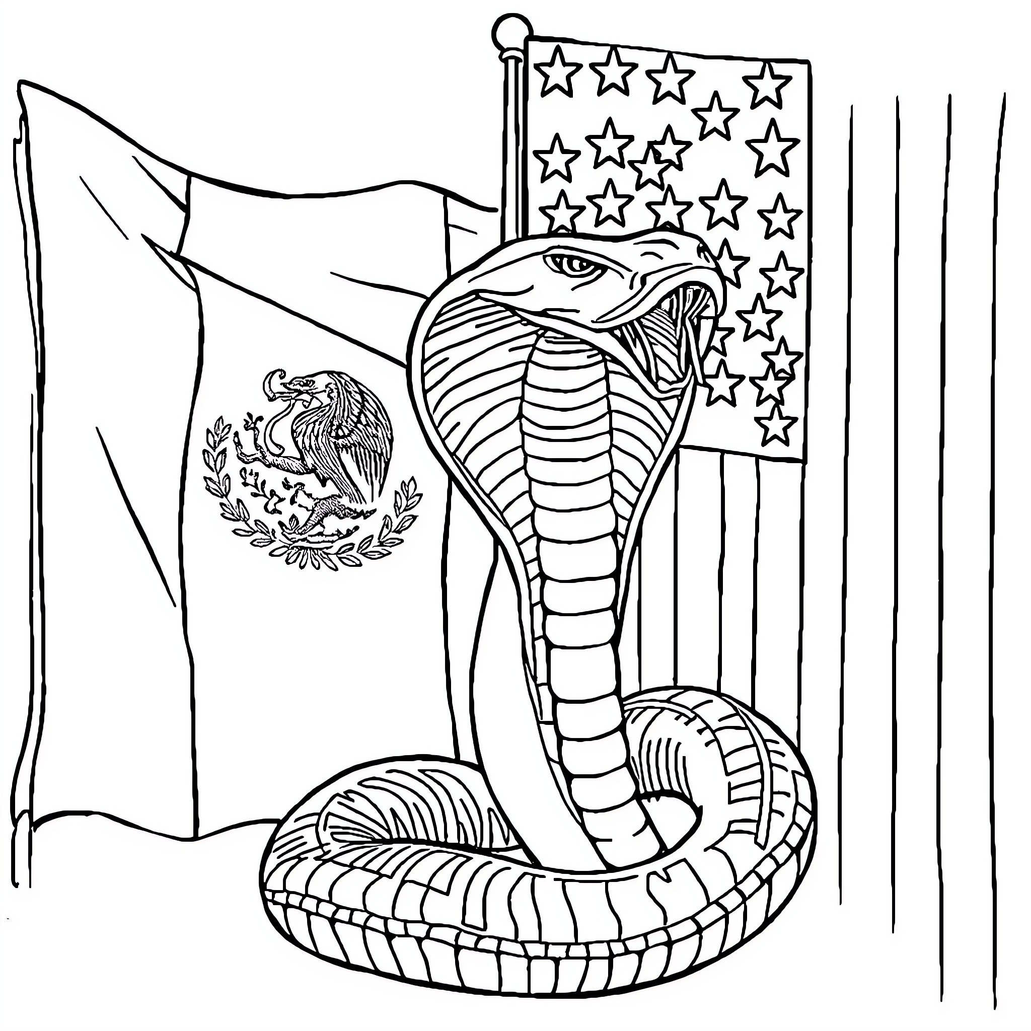 Cobra coiled with Mexican flag and stars Coloring Page (free black-and-white line drawing printable PDF for all, from beginners to advanced learners, including children, teens, adults, and seniors)