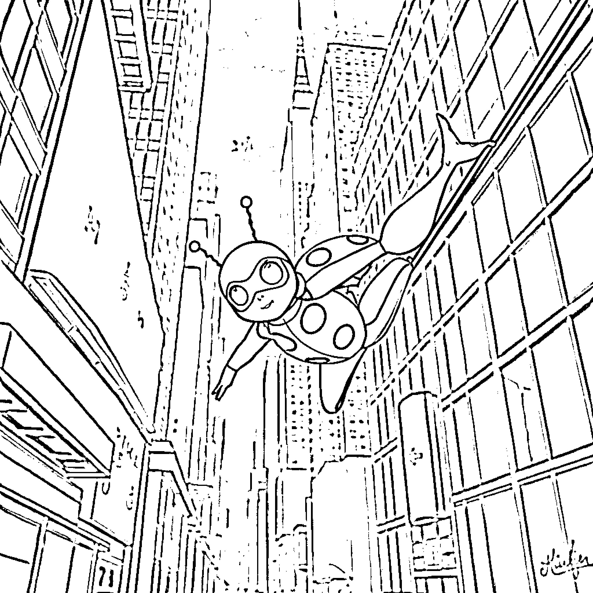 Ladybug flying through the urban cityscape Coloring Page (free black-and-white line drawing printable PDF for all, from beginners to advanced learners, including children, teens, adults, and seniors)