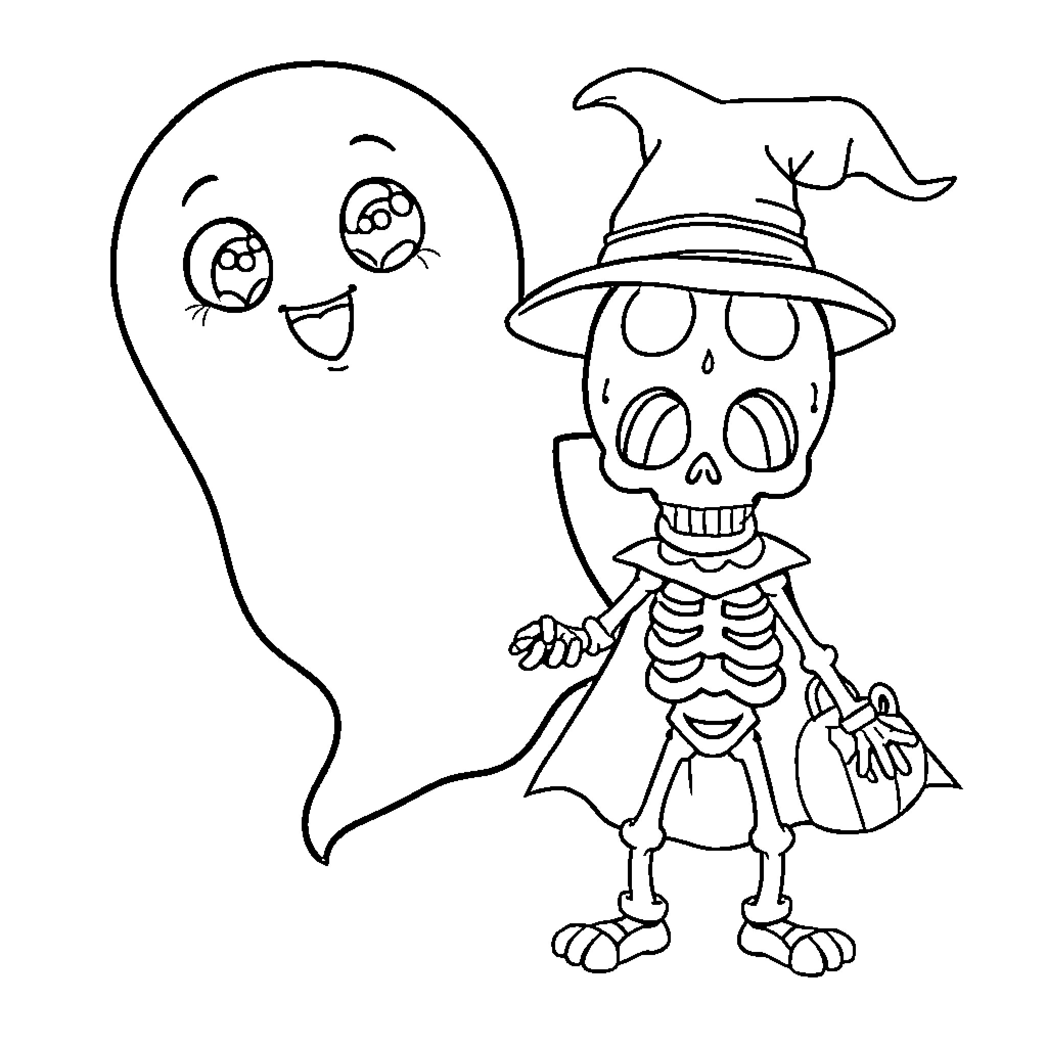 Ghost skeleton in witch hat tricks happy ghost Coloring Page (free black-and-white line drawing printable PDF for all, from beginners to advanced learners, including children, teens, adults, and seniors)