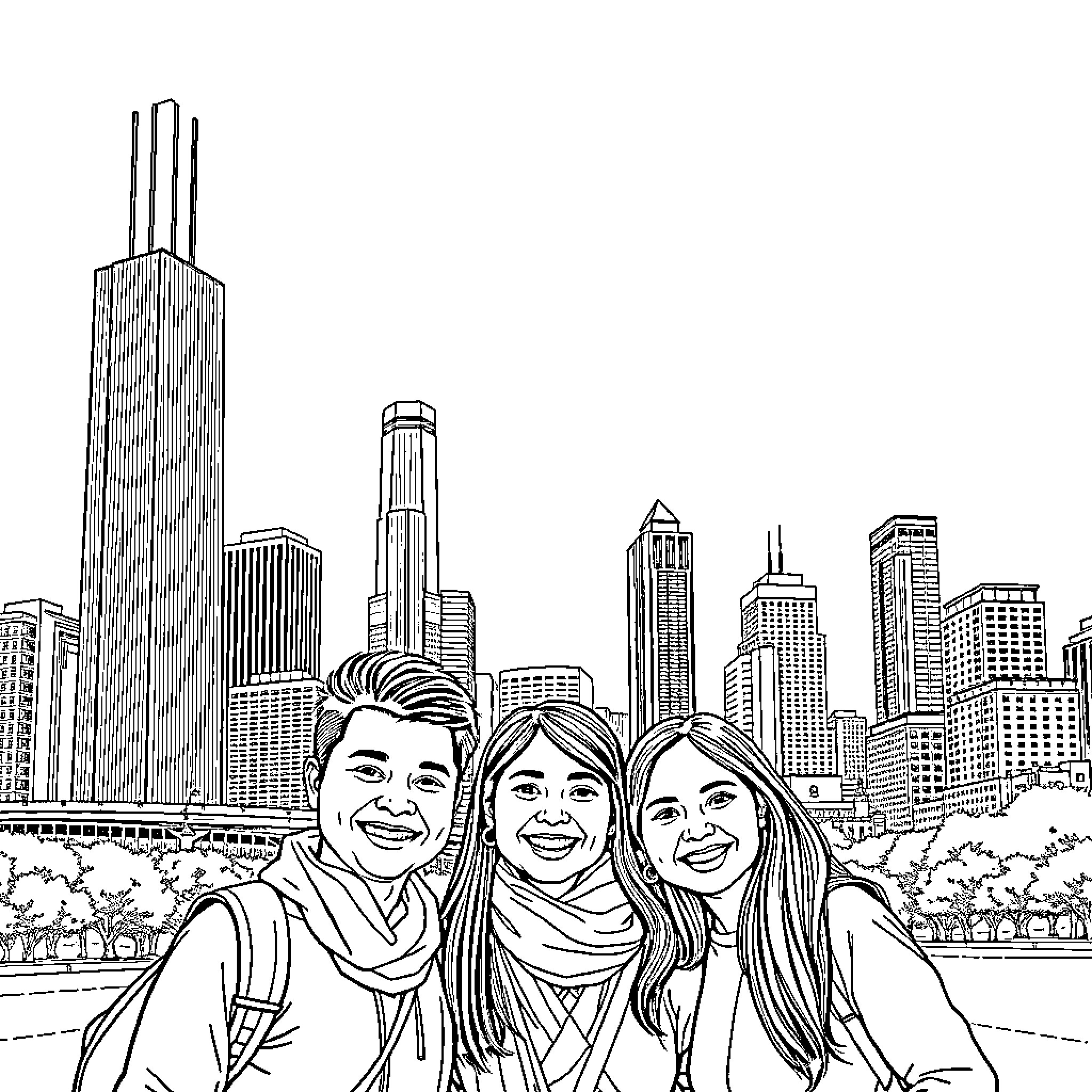 Cambodian People Enjoying a Day in the City Coloring Page (free black-and-white line drawing printable PDF for all, from beginners to advanced learners, including children, teens, adults, and seniors)