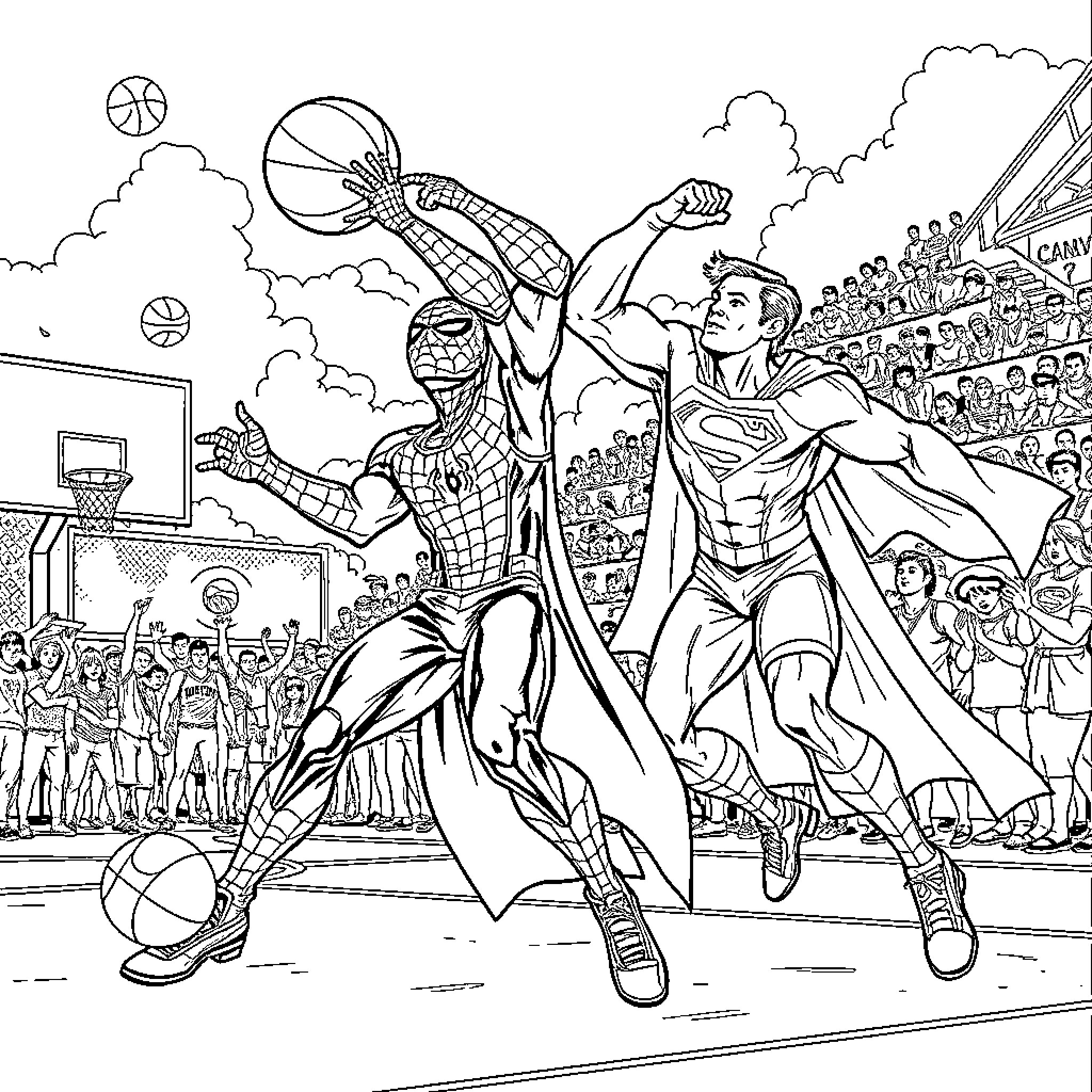 Super Hero Basketball Showdown Coloring Page (free black-and-white line drawing printable PDF for all, from beginners to advanced learners, including children, teens, adults, and seniors)