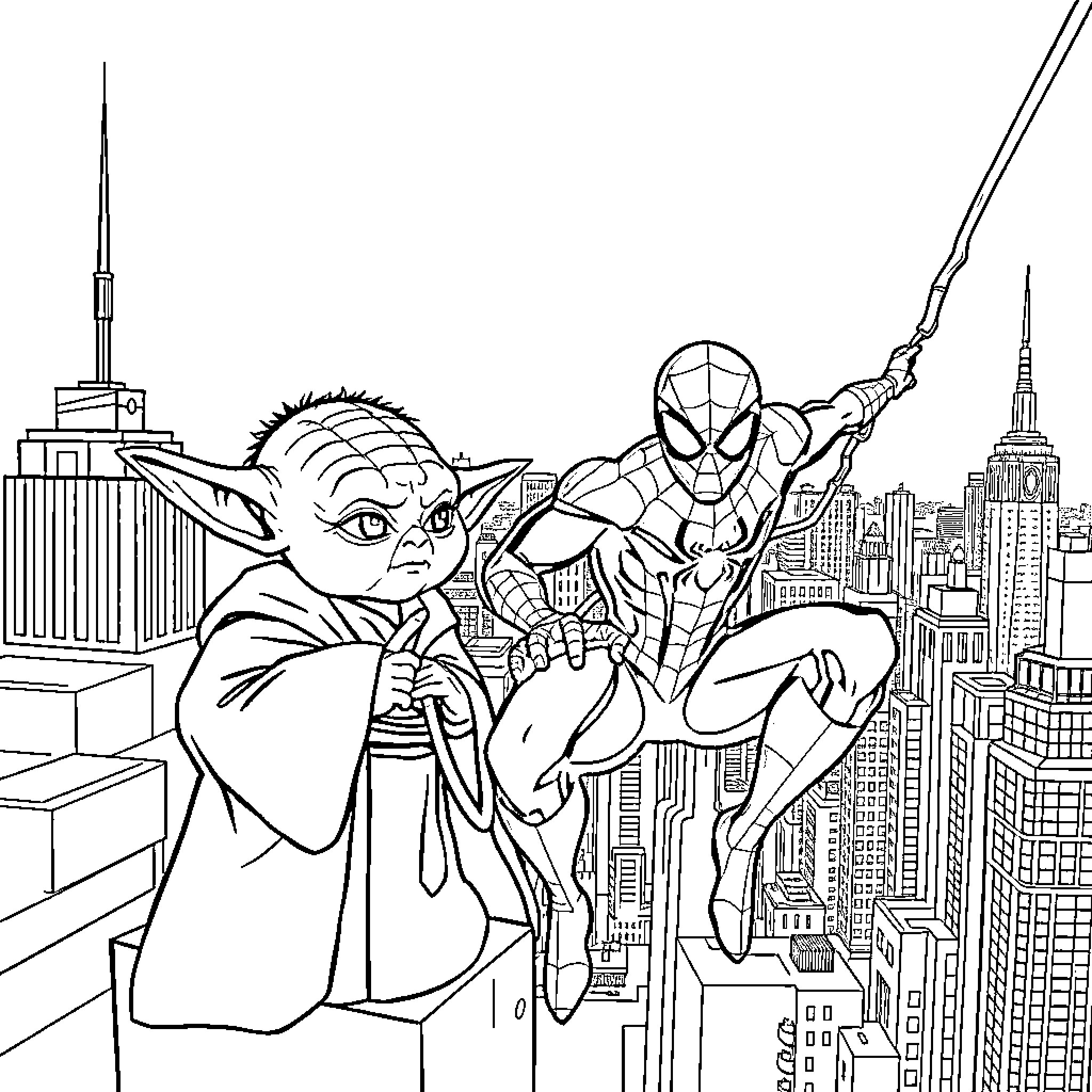 Yoda and Spider-Man explore New York City skyline Coloring Page (free black-and-white line drawing printable PDF for all, from beginners to advanced learners, including children, teens, adults, and seniors)
