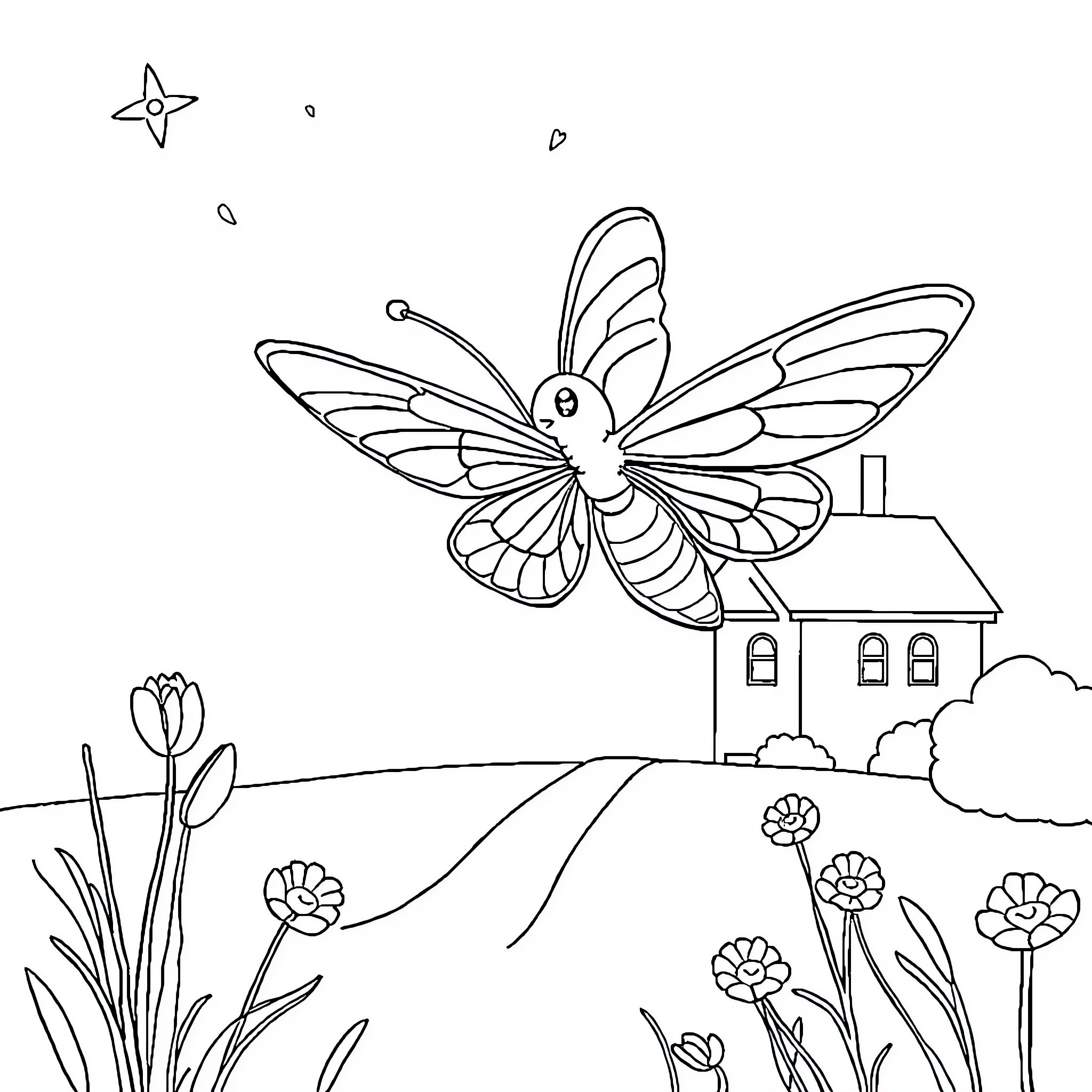 Dragonfly soaring over a serene countryside landscape Coloring Page (free black-and-white line drawing printable PDF for all, from beginners to advanced learners, including children, teens, adults, and seniors)