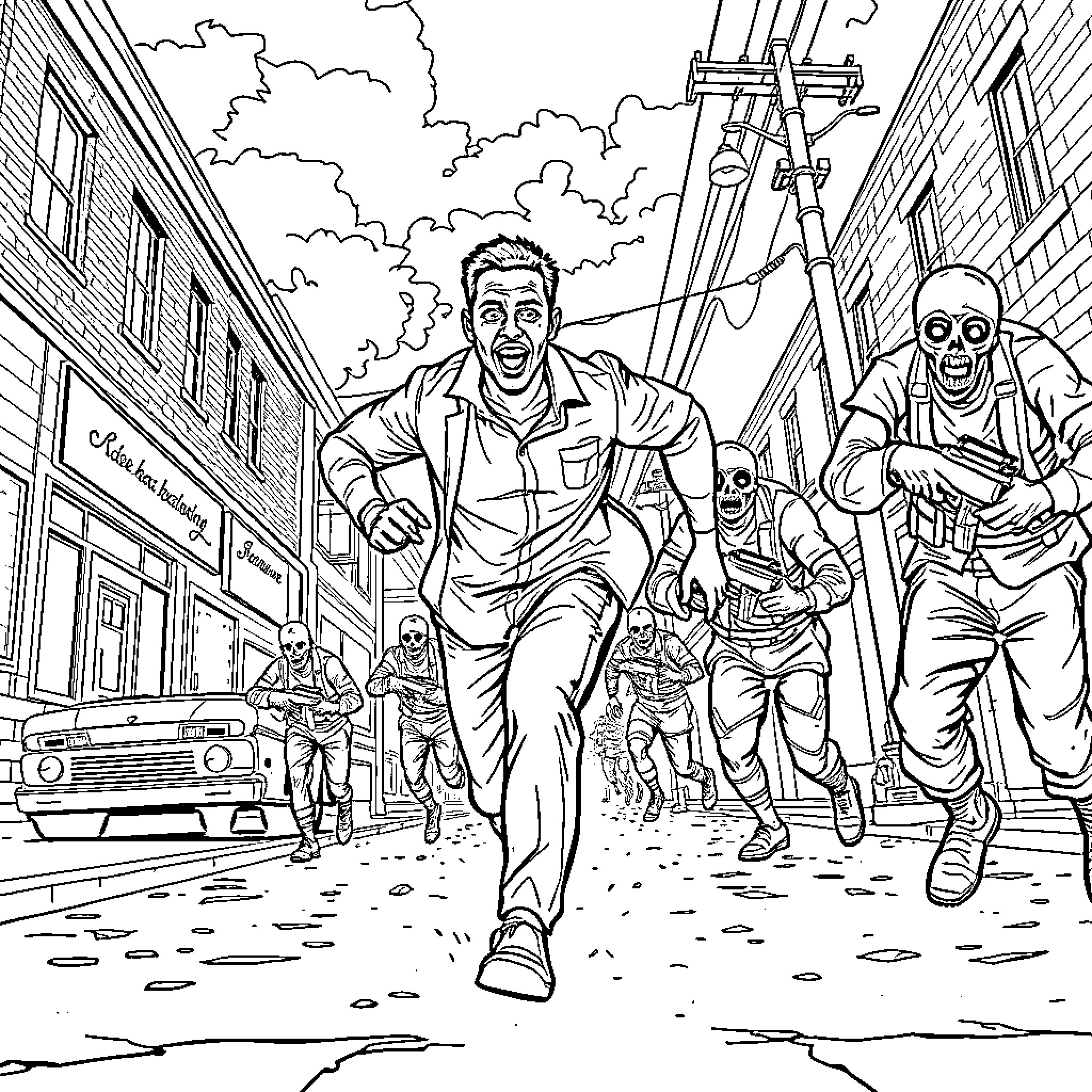 Zombie Chaos in the City Streets Coloring Page (free black-and-white line drawing printable PDF for all, from beginners to advanced learners, including children, teens, adults, and seniors)