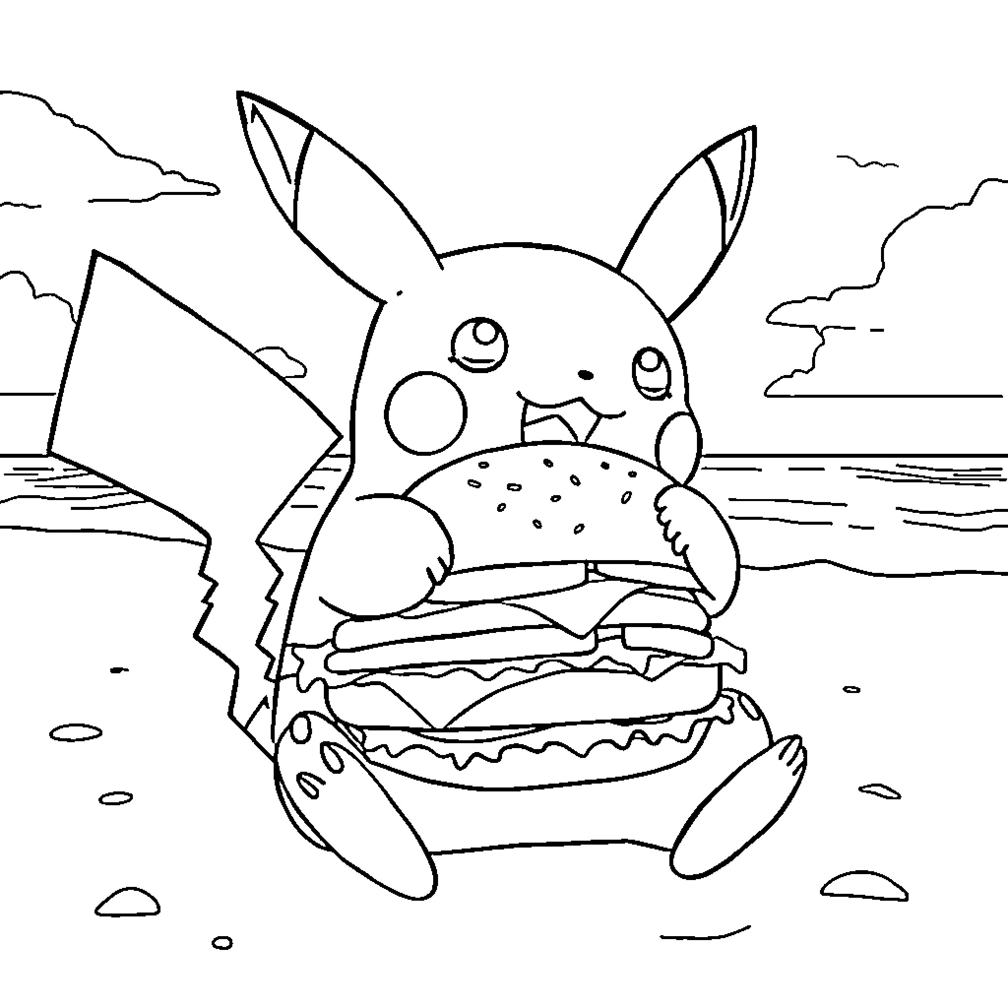 Pikachu enjoying a giant hamburger by the beach Coloring Page (free black-and-white line drawing printable PDF for all, from beginners to advanced learners, including children, teens, adults, and seniors)