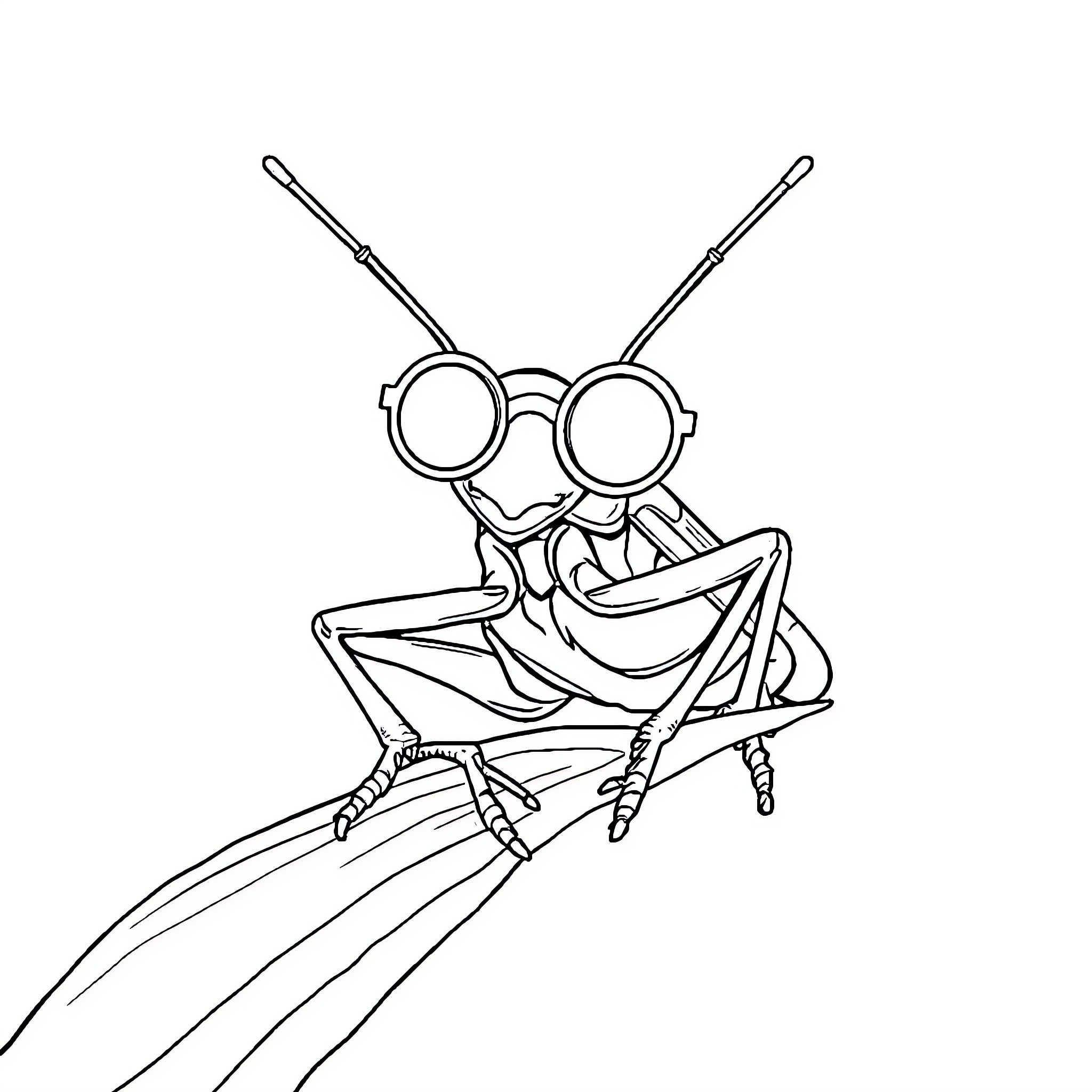 Grasshopper with big eyes enjoying the outdoors Coloring Page (free black-and-white line drawing printable PDF for all, from beginners to advanced learners, including children, teens, adults, and seniors)
