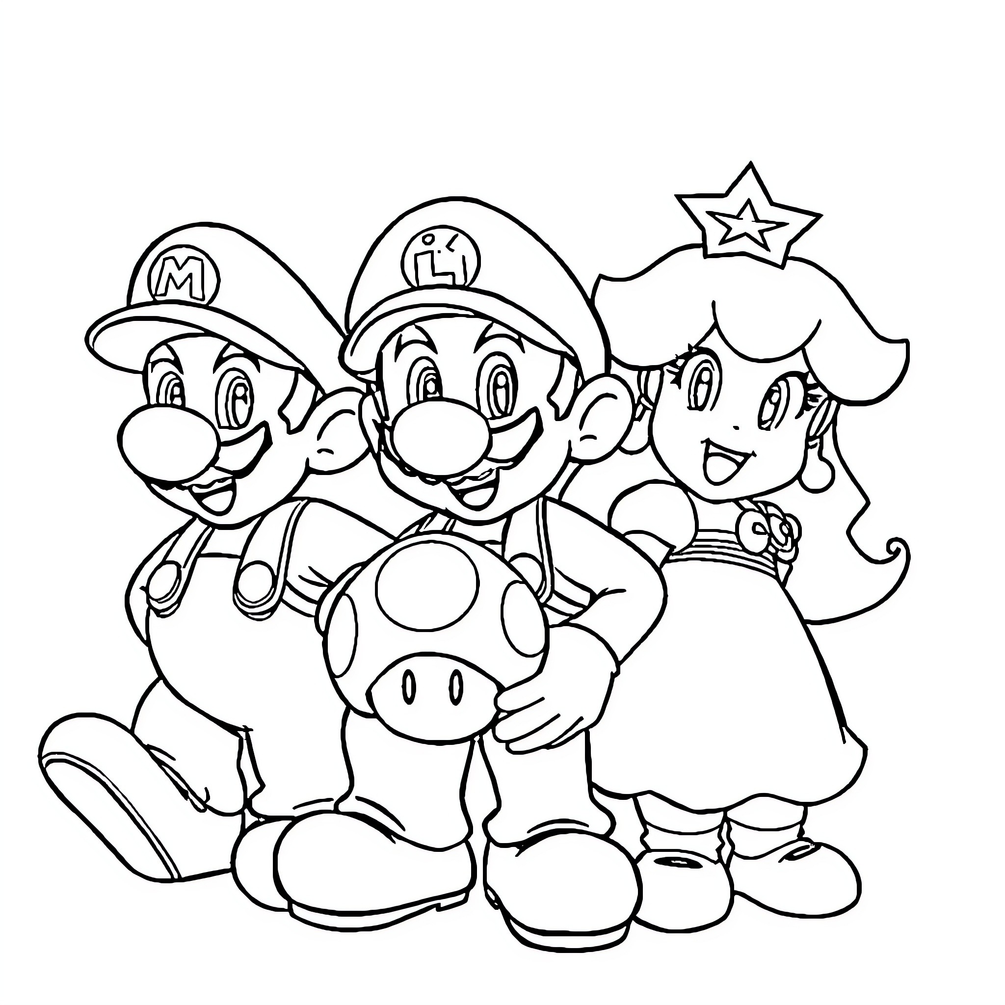 Mario and Friends in Cheerful Poses Coloring Page (free black-and-white line drawing printable PDF for all, from beginners to advanced learners, including children, teens, adults, and seniors)