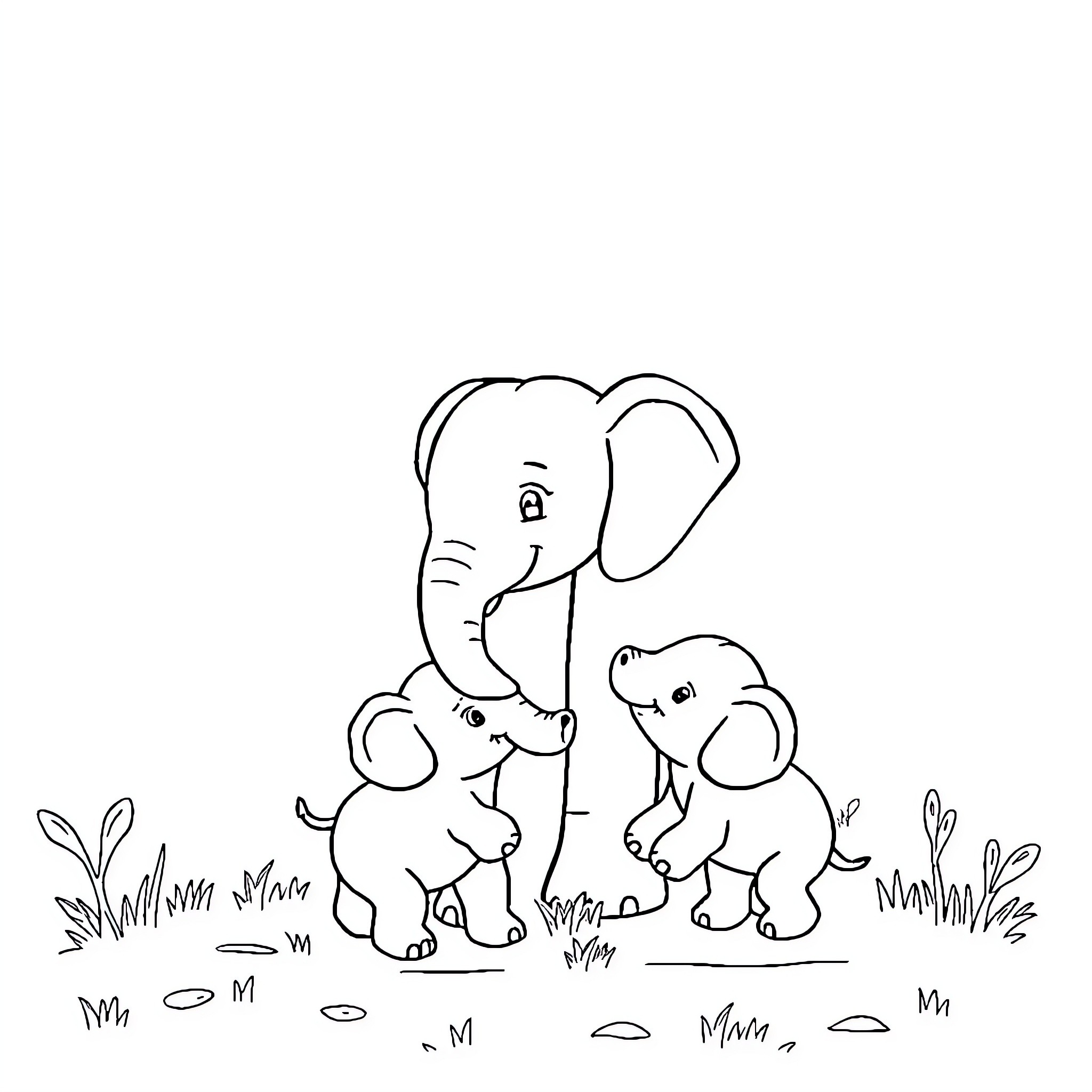 Elephant family playing in the grass Coloring Page (free black-and-white line drawing printable PDF for all, from beginners to advanced learners, including children, teens, adults, and seniors)