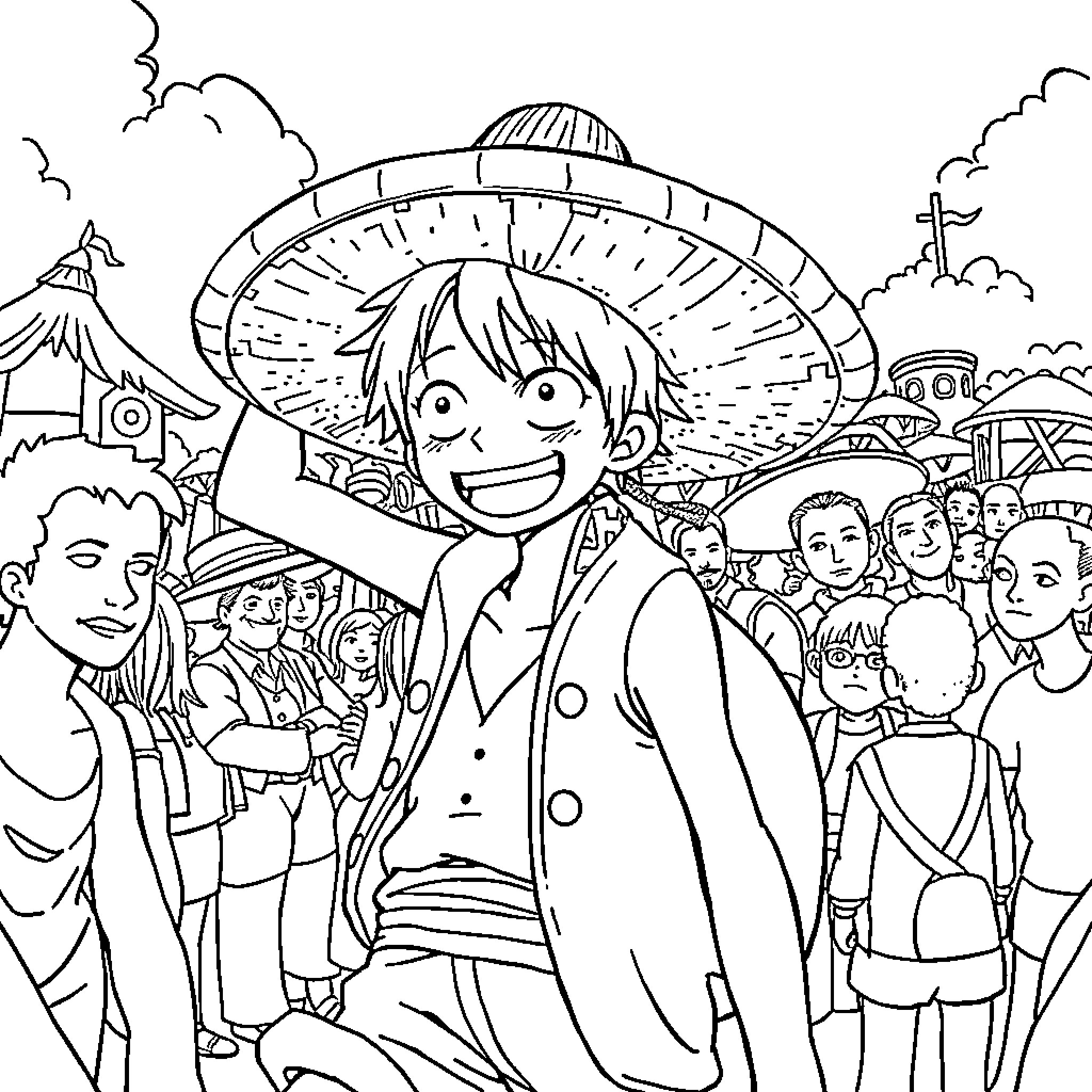 Luffy's Joyful Adventure in the Vibrant Town Coloring Page (free black-and-white line drawing printable PDF for all, from beginners to advanced learners, including children, teens, adults, and seniors)