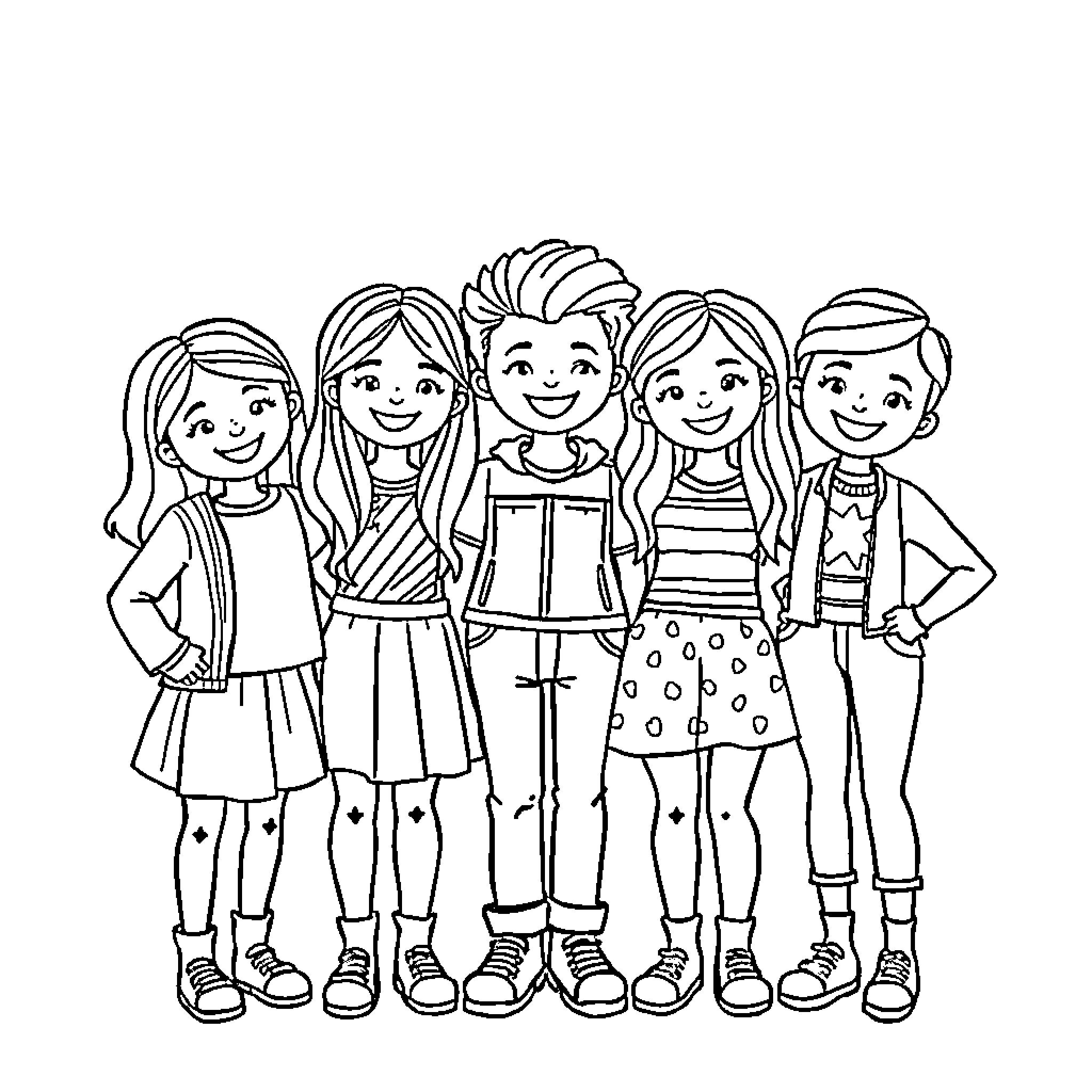 Friend group posing together happily Coloring Page (free black-and-white line drawing printable PDF for all, from beginners to advanced learners, including children, teens, adults, and seniors)