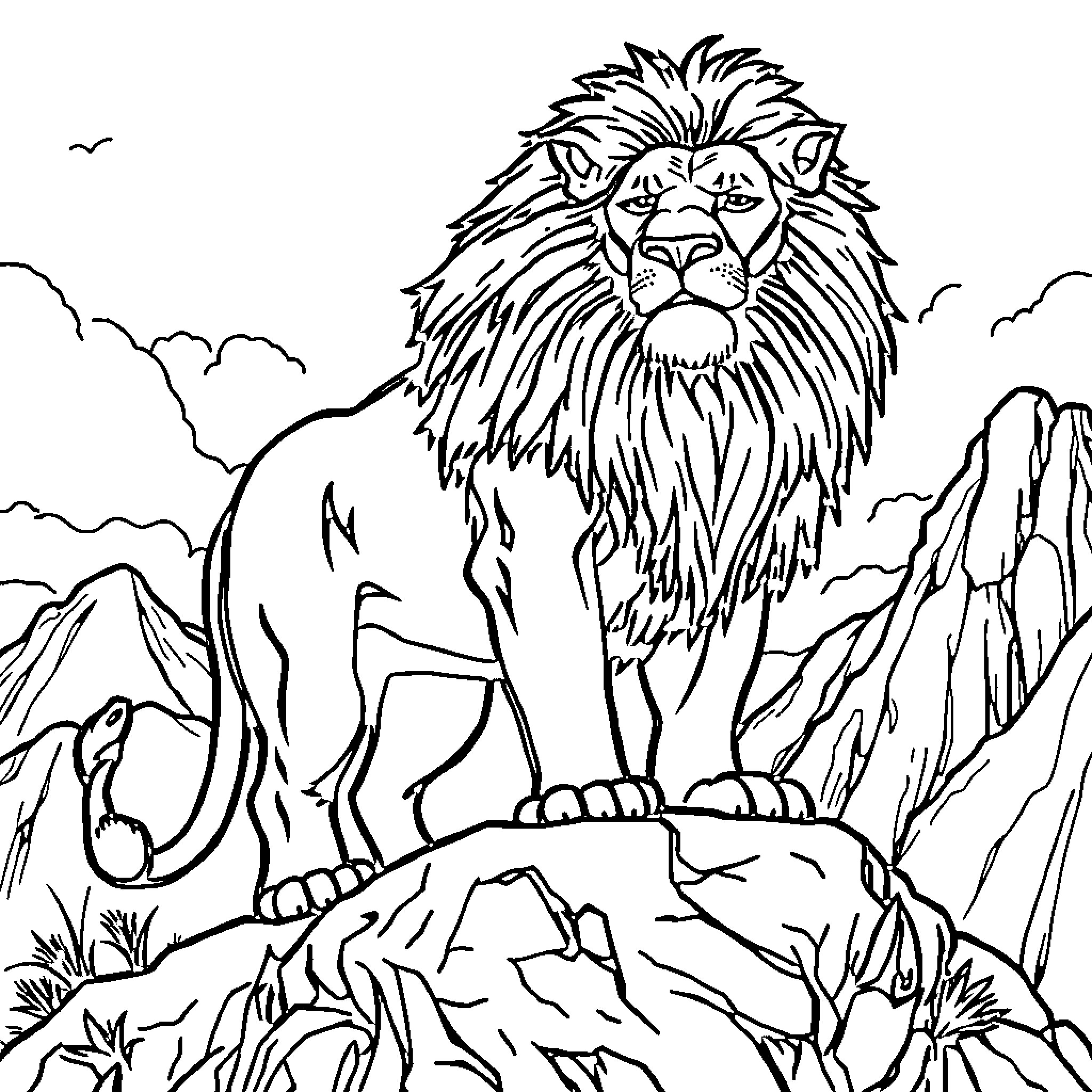 Lion Roaring Atop a Rugged Mountain Landscape Coloring Page (free black-and-white line drawing printable PDF for all, from beginners to advanced learners, including children, teens, adults, and seniors)