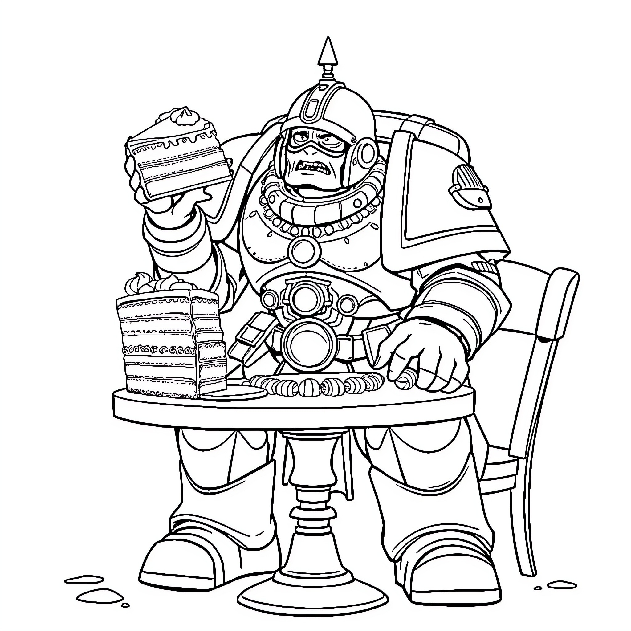 Warhammer Space Marine Enjoying Dessert Coloring Page (free black-and-white line drawing printable PDF for all, from beginners to advanced learners, including children, teens, adults, and seniors)