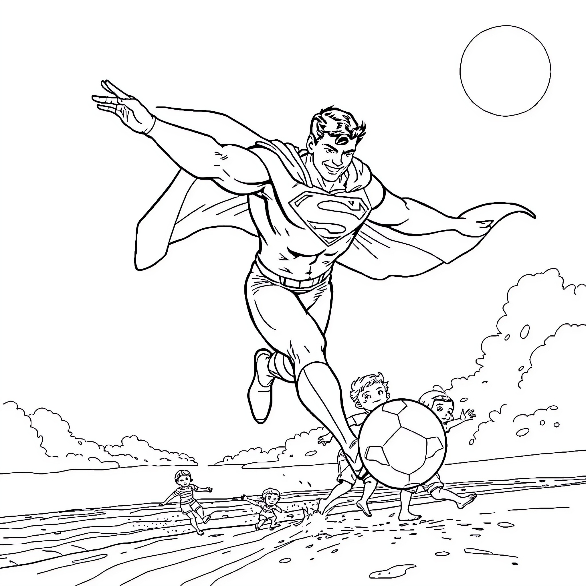 Superman soaring above children playing soccer Coloring Page (free black-and-white line drawing printable PDF for all, from beginners to advanced learners, including children, teens, adults, and seniors)