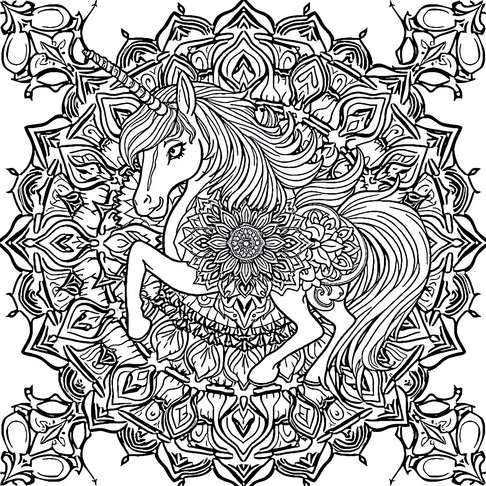 Unicorn adorned with intricate floral patterns Coloring Page (free black-and-white line drawing printable PDF for all, from beginners to advanced learners, including children, teens, adults, and seniors)
