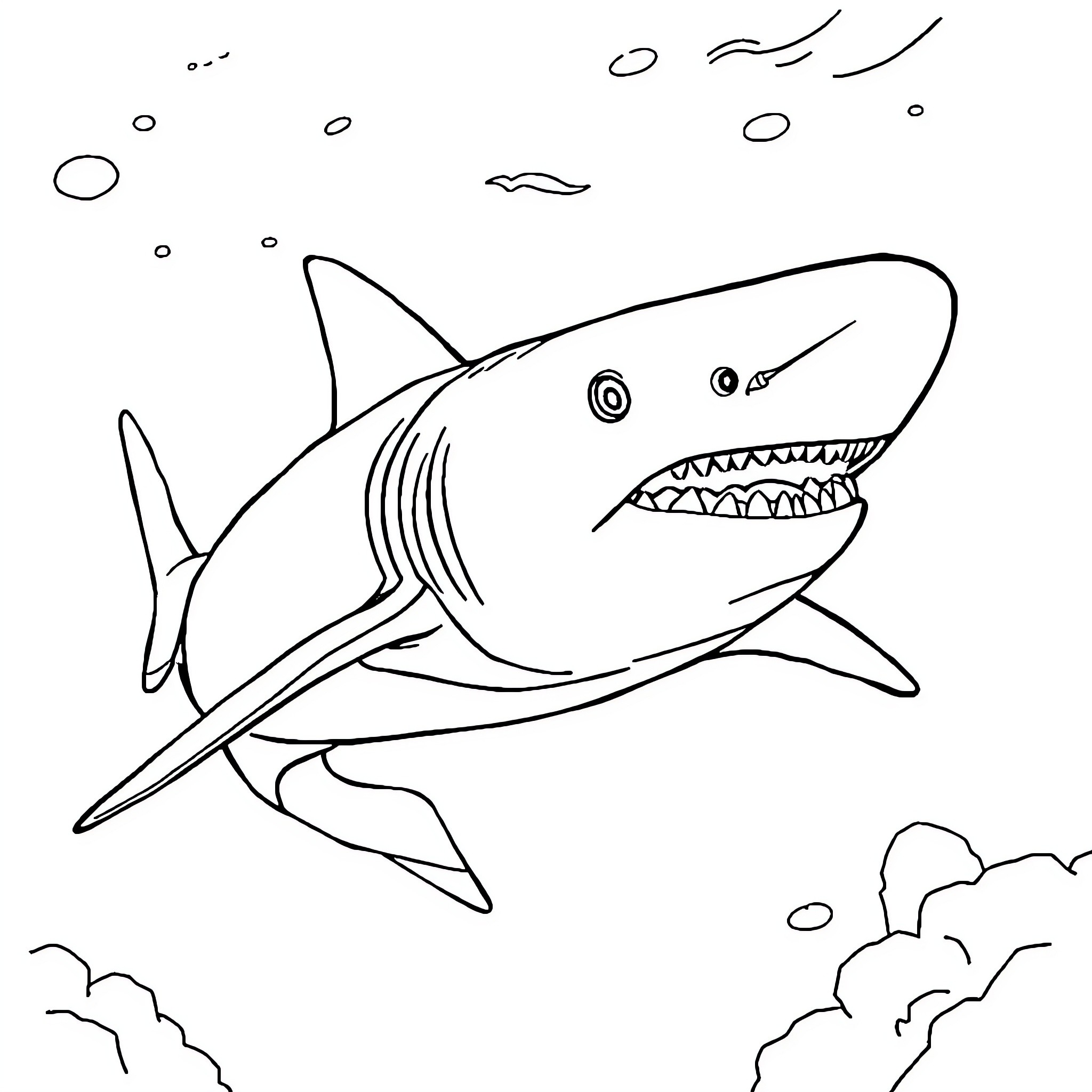 Megalodon shark swimming through the ocean Coloring Page (free black-and-white line drawing printable PDF for all, from beginners to advanced learners, including children, teens, adults, and seniors)