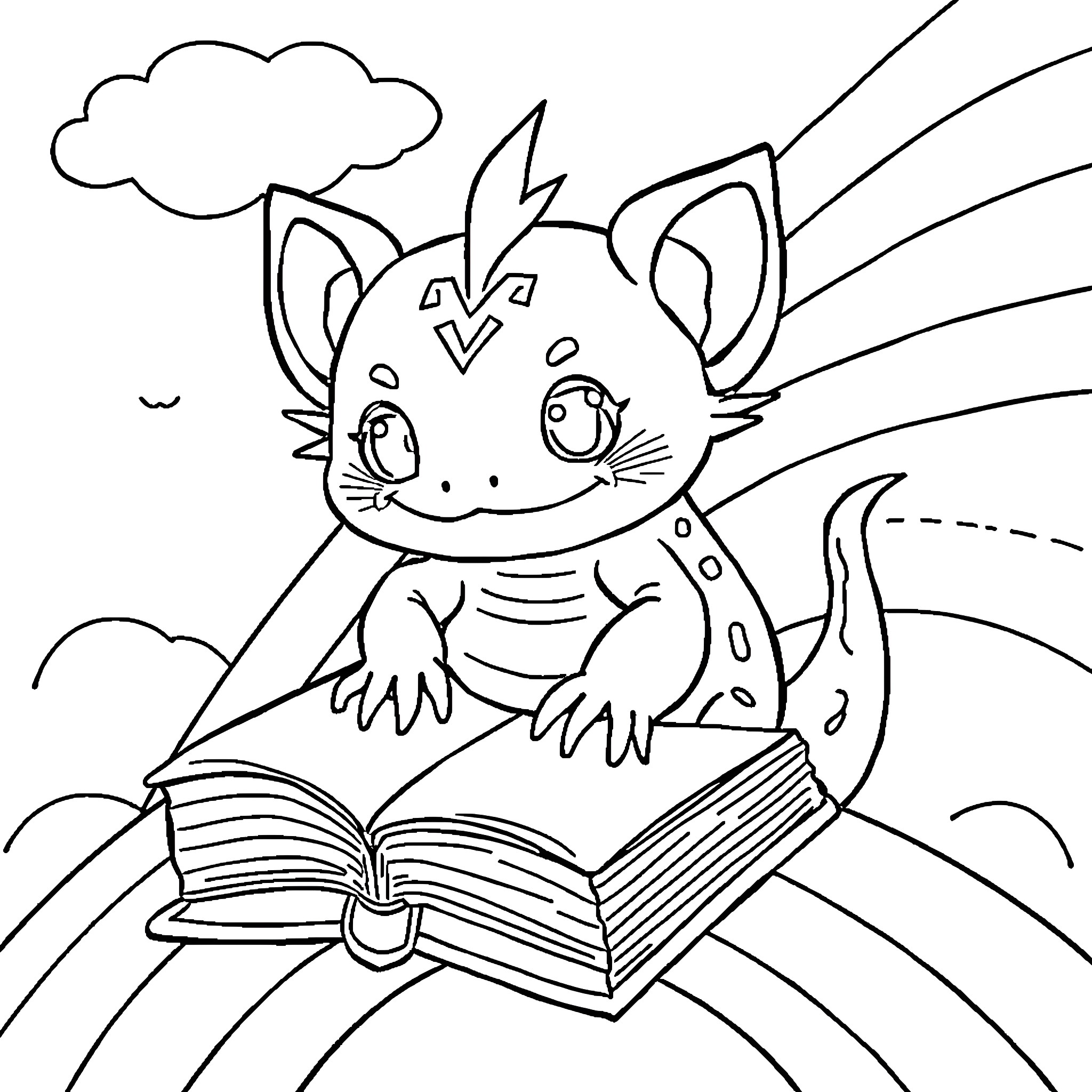 Axolotl reading a book outdoors Coloring Page (free black-and-white line drawing printable PDF for all, from beginners to advanced learners, including children, teens, adults, and seniors)