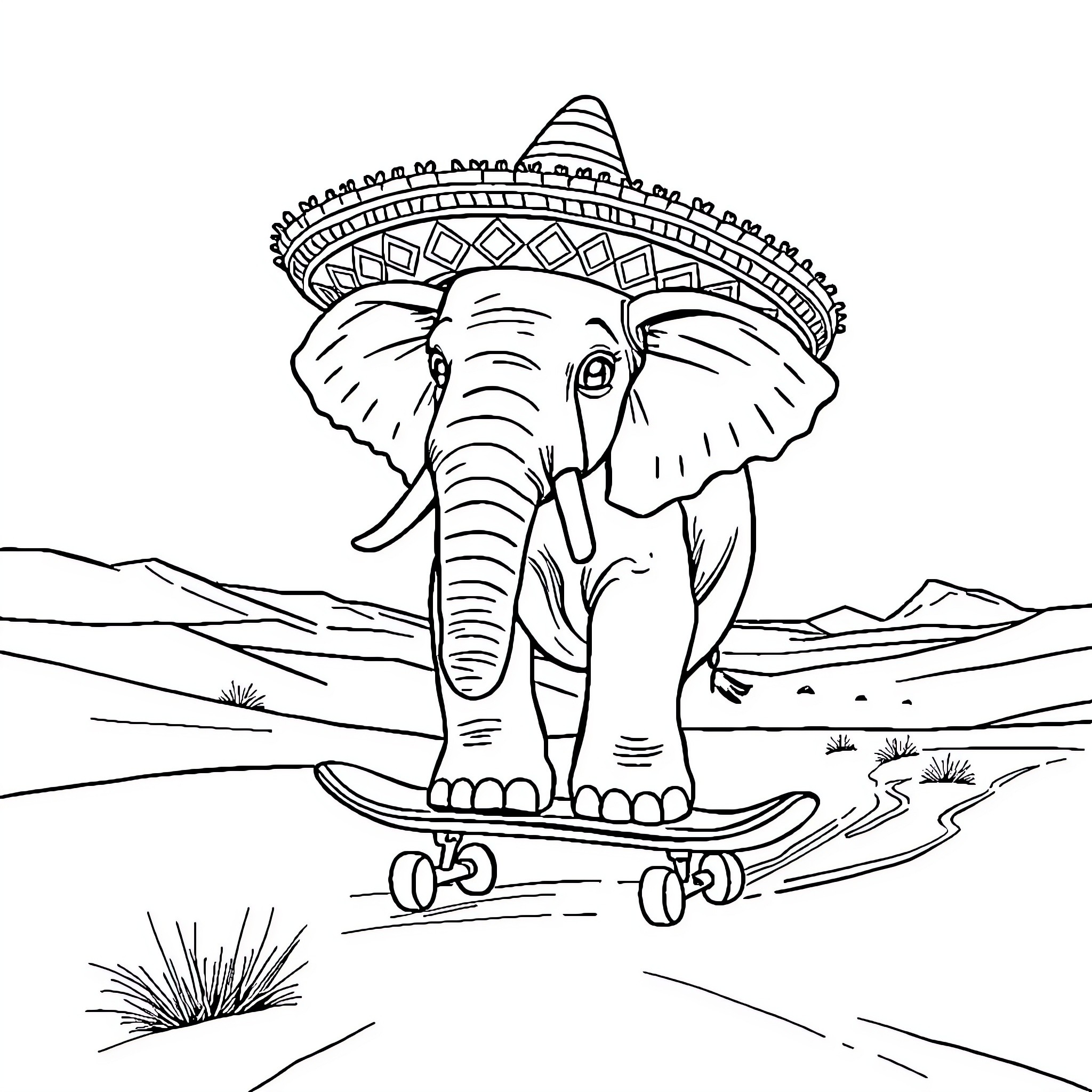 Elephant skateboarding through the desert Coloring Page (free black-and-white line drawing printable PDF for all, from beginners to advanced learners, including children, teens, adults, and seniors)