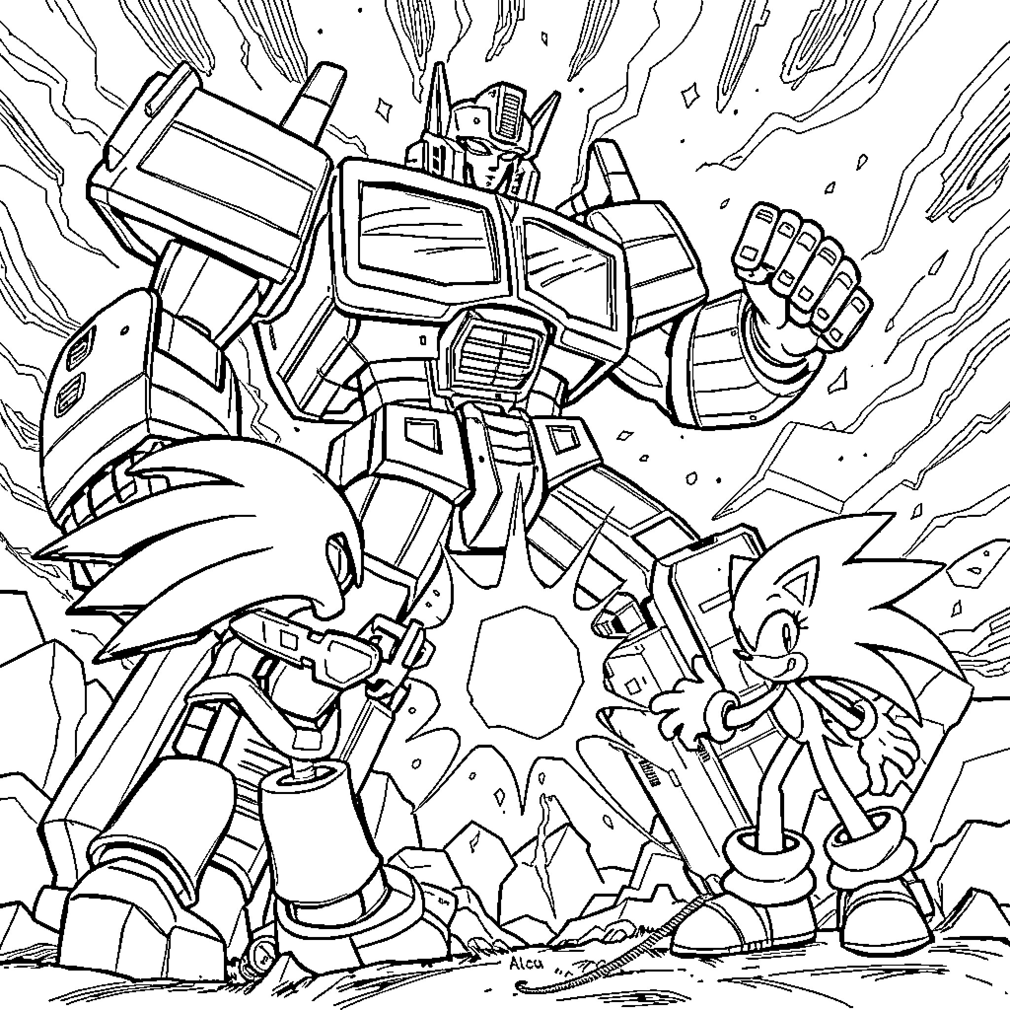 Transformer robot battles with animated characters Coloring Page (free black-and-white line drawing printable PDF for all, from beginners to advanced learners, including children, teens, adults, and seniors)