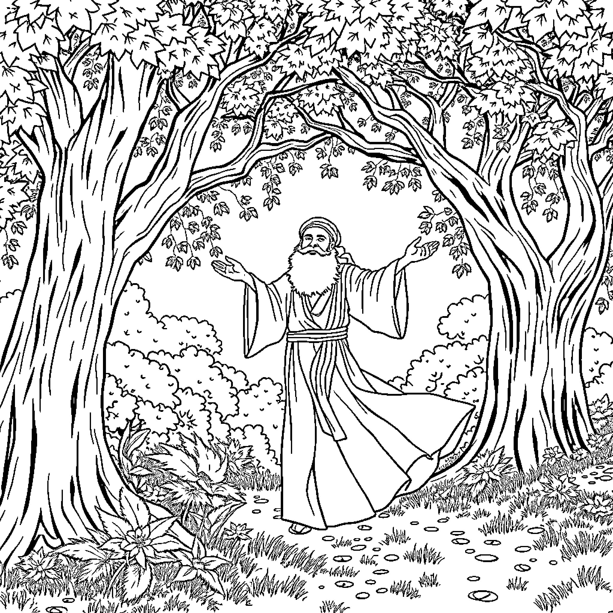 Rumi in a tranquil forest setting Coloring Page (free black-and-white line drawing printable PDF for all, from beginners to advanced learners, including children, teens, adults, and seniors)