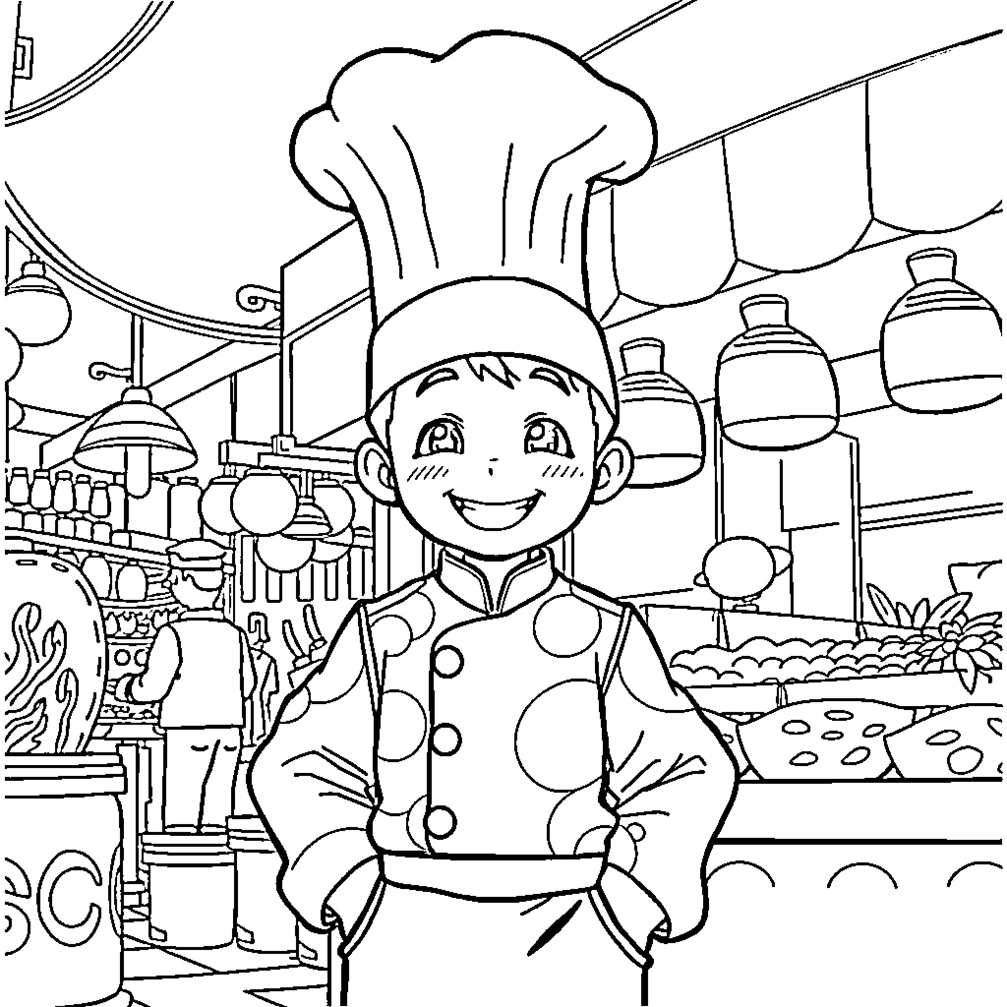 Teruteru Hanamura in a Cheerful Kitchen Scene Coloring Page (free black-and-white line drawing printable PDF for all, from beginners to advanced learners, including children, teens, adults, and seniors)