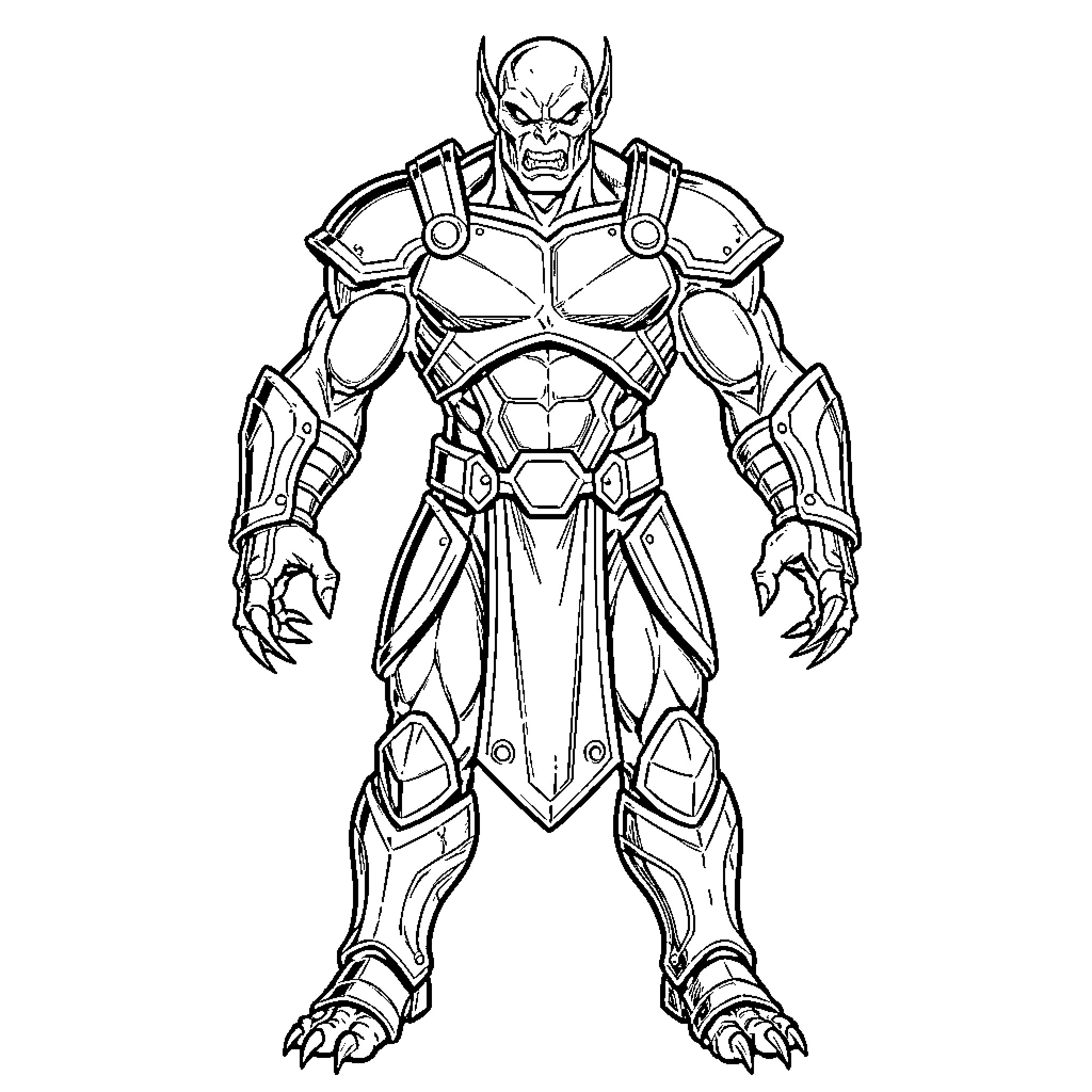 Thragg, the Fierce Armored Warrior Coloring Page (free black-and-white line drawing printable PDF for all, from beginners to advanced learners, including children, teens, adults, and seniors)