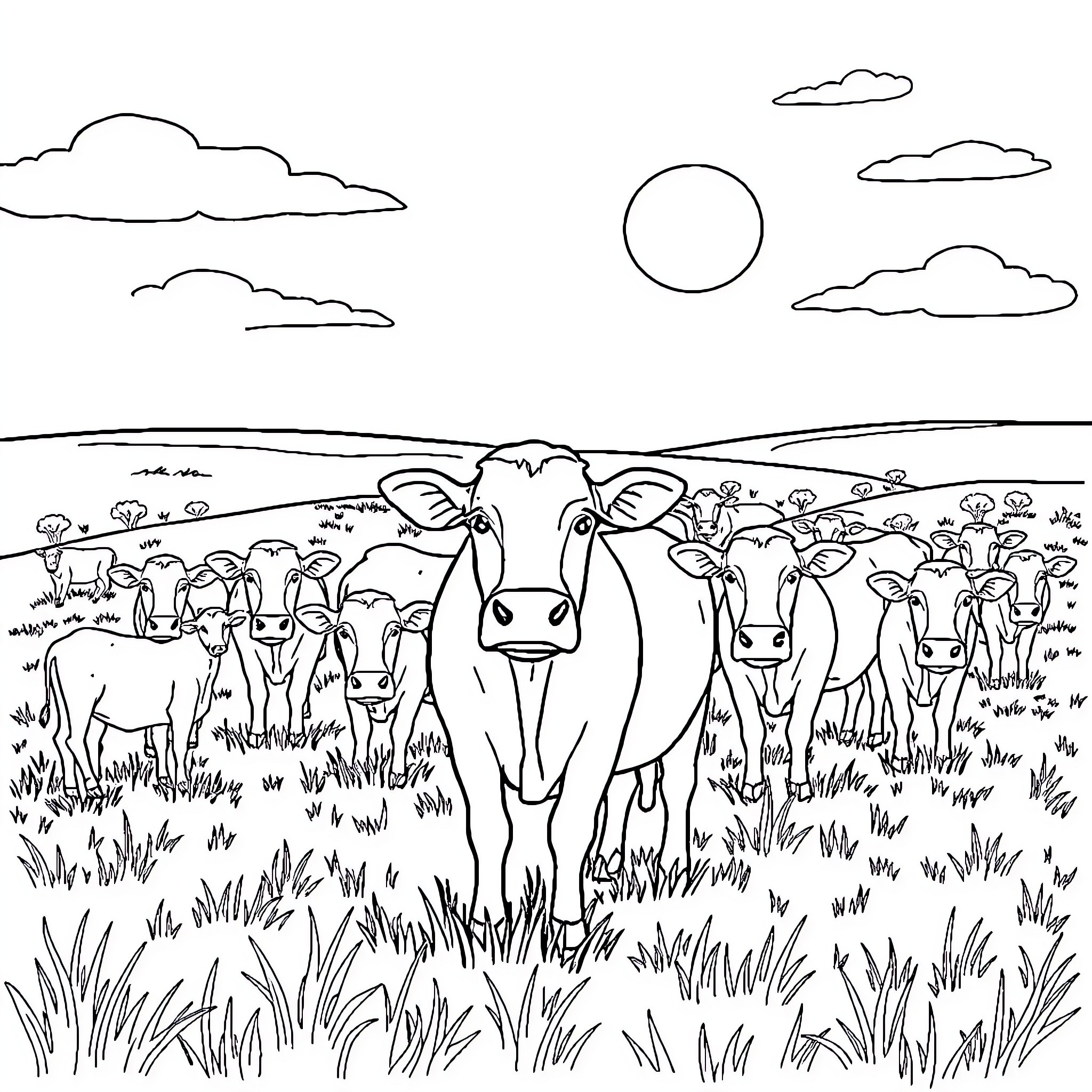 Cows grazing peacefully in a pastoral landscape Coloring Page (free black-and-white line drawing printable PDF for all, from beginners to advanced learners, including children, teens, adults, and seniors)
