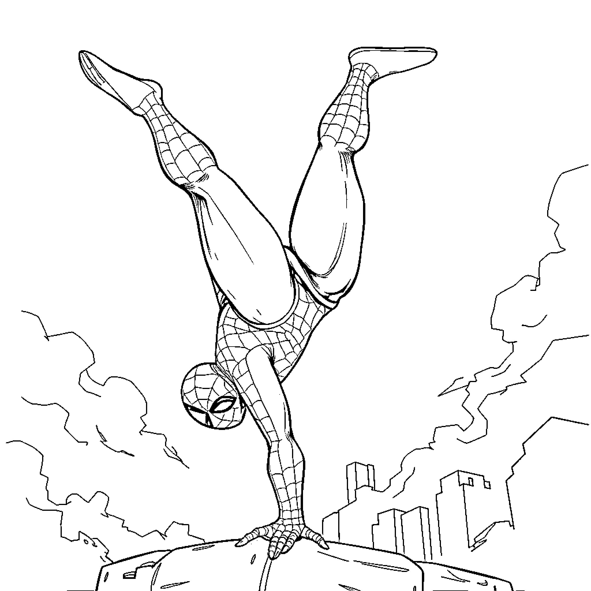 Spiderman swinging through the city skyline Coloring Page (free black-and-white line drawing printable PDF for all, from beginners to advanced learners, including children, teens, adults, and seniors)