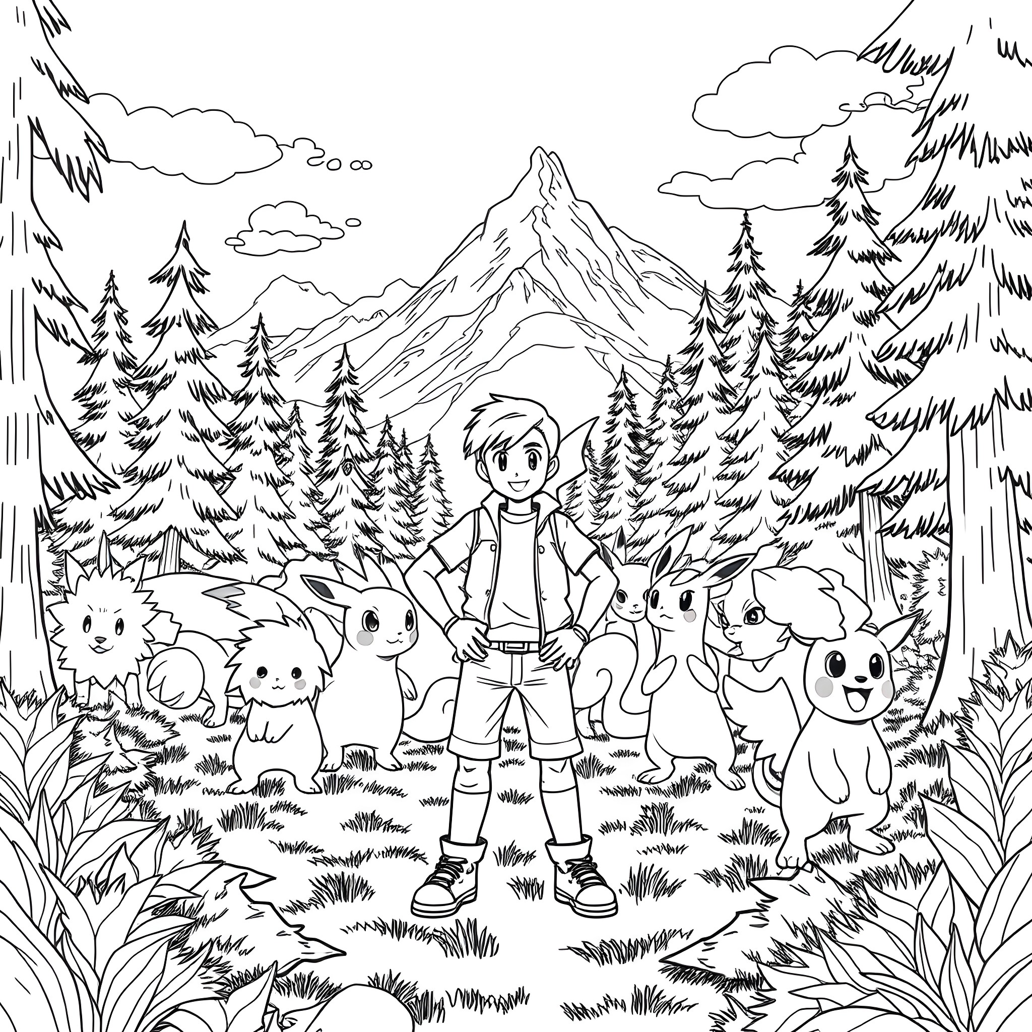 Pokémon trainer exploring the wilderness with Pokémon companions Coloring Page (free black-and-white line drawing printable PDF for all, from beginners to advanced learners, including children, teens, adults, and seniors)