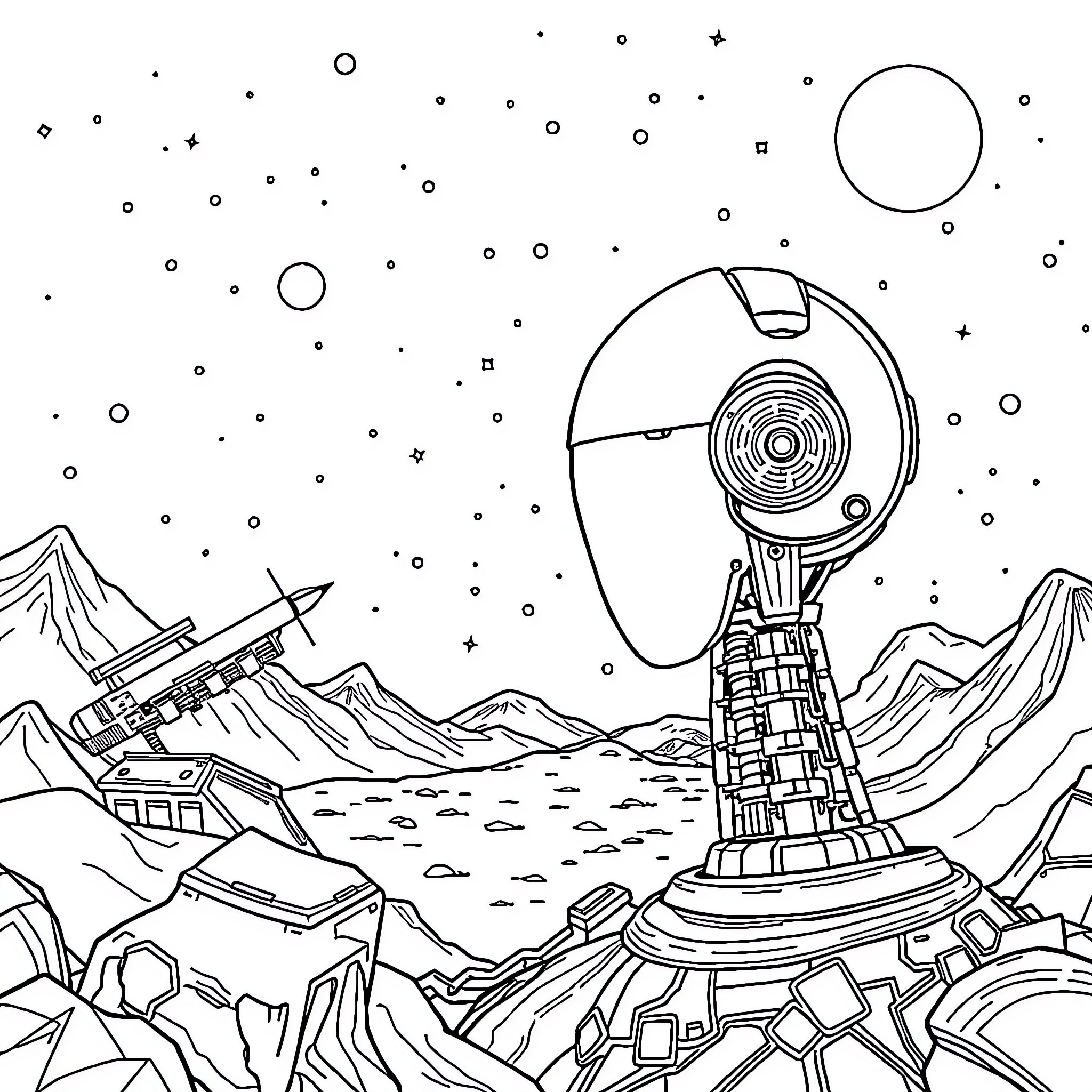 IA Futuristic Landscape with Alien Structure Coloring Page (free black-and-white line drawing printable PDF for all, from beginners to advanced learners, including children, teens, adults, and seniors)