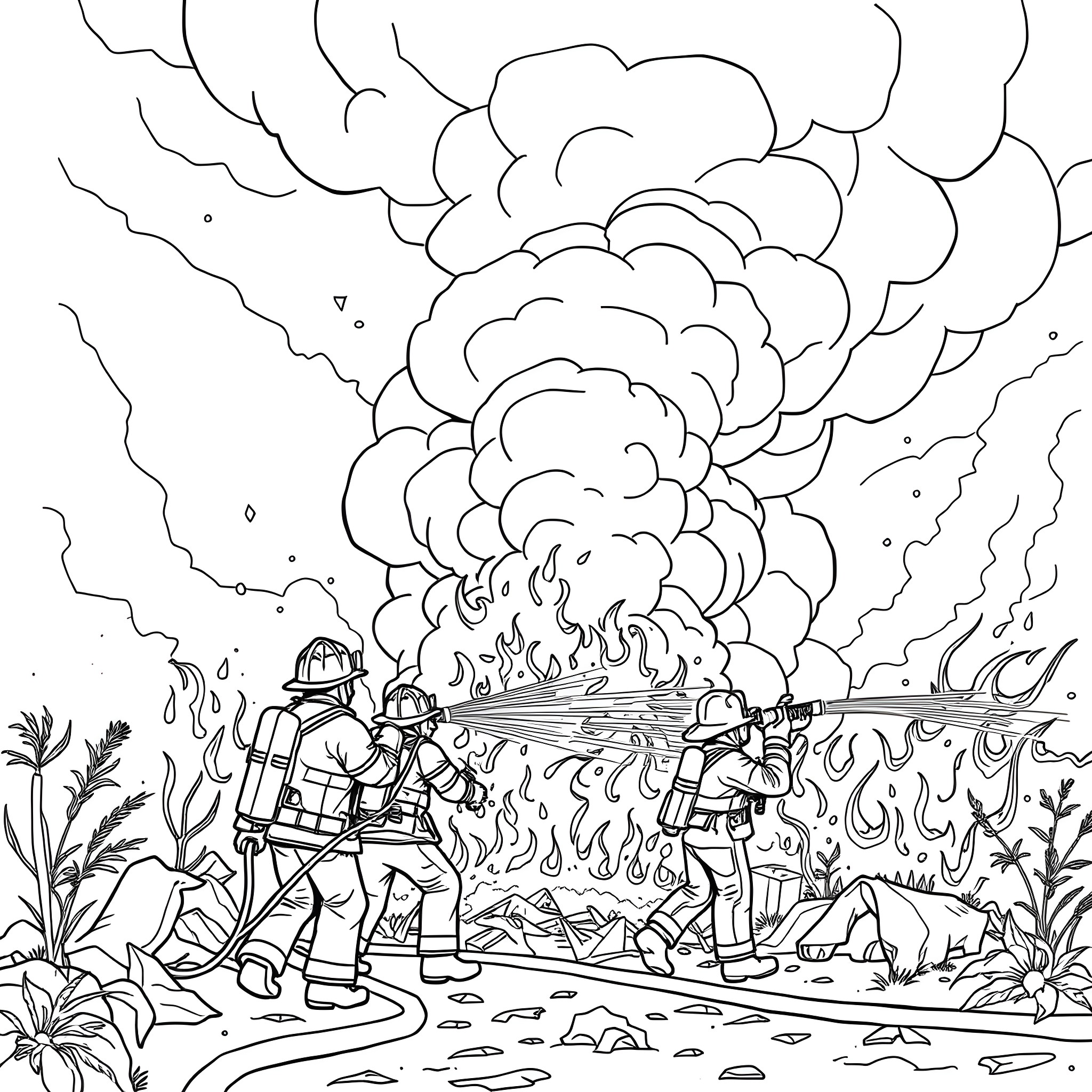 Firefighters Bravely Battling Raging Blaze Coloring Page (free black-and-white line drawing printable PDF for all, from beginners to advanced learners, including children, teens, adults, and seniors)