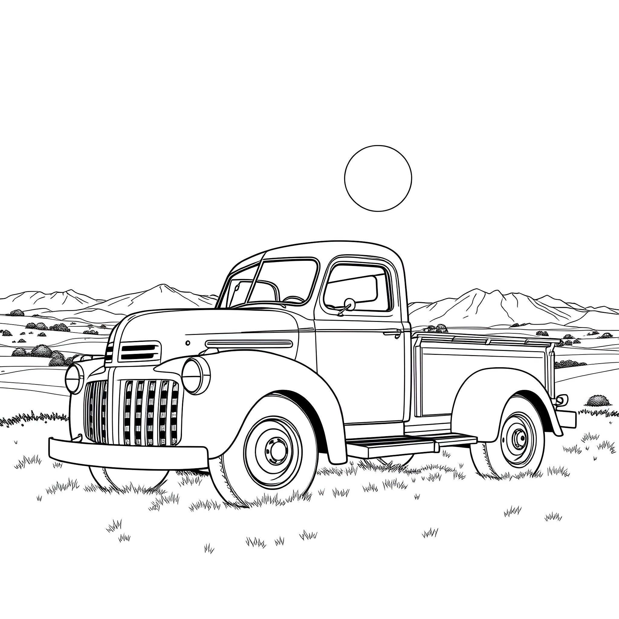 Truck in rural landscape with mountains Coloring Page (free black-and-white line drawing printable PDF for all, from beginners to advanced learners, including children, teens, adults, and seniors)