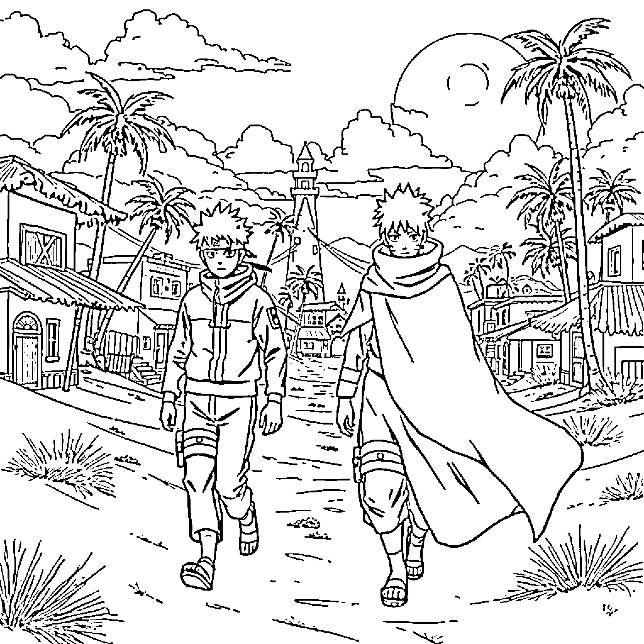 Naruto characters exploring a tropical village Coloring Page (free black-and-white line drawing printable PDF for all, from beginners to advanced learners, including children, teens, adults, and seniors)
