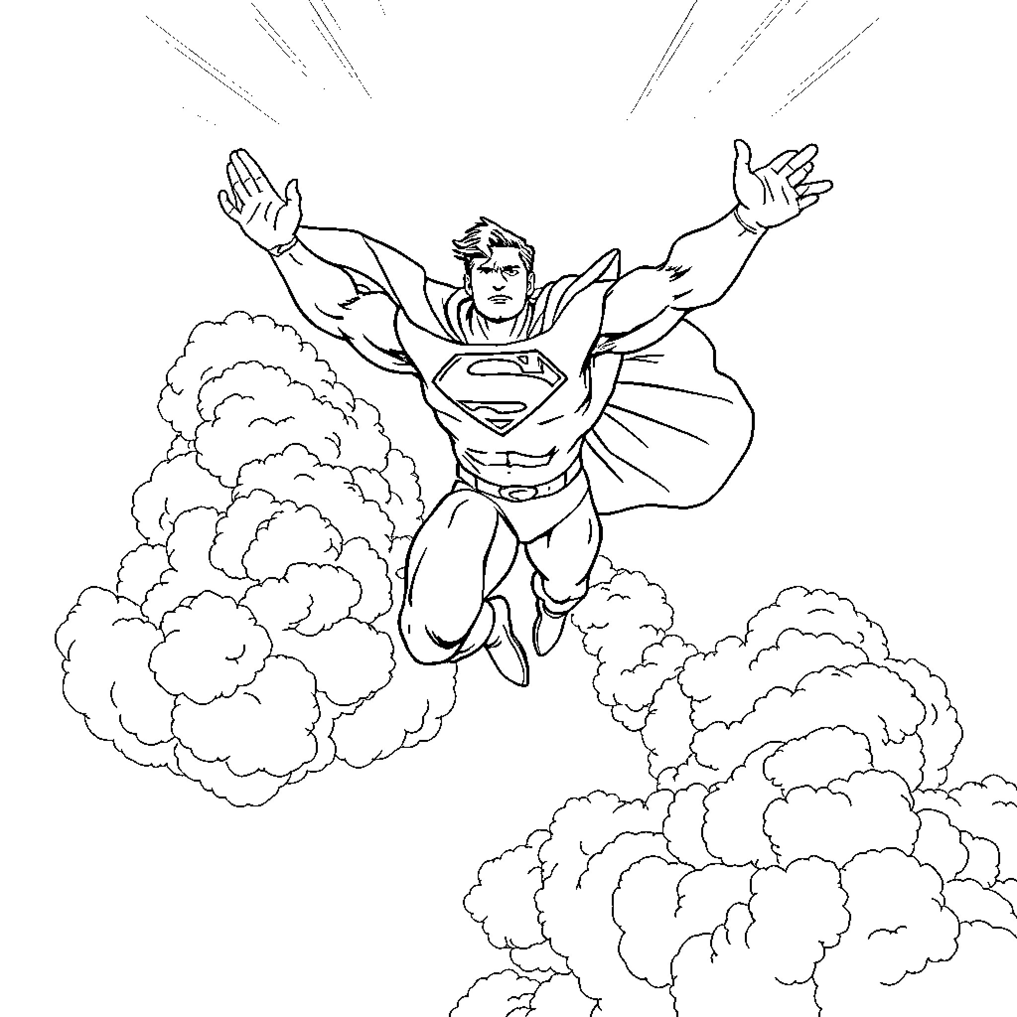 Superman soaring through the clouds with outstretched arms Coloring Page (free black-and-white line drawing printable PDF for all, from beginners to advanced learners, including children, teens, adults, and seniors)
