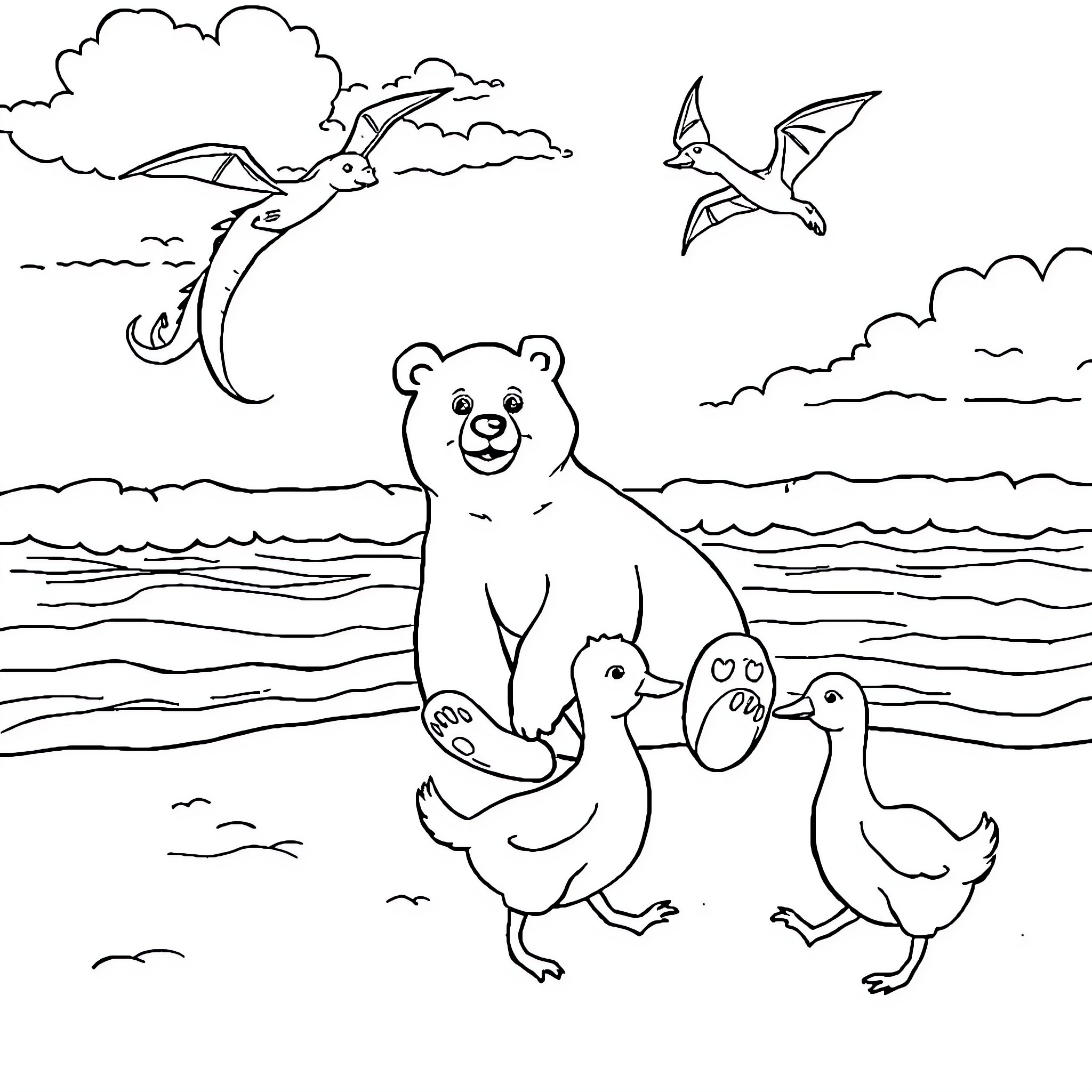 Bear playing with ducklings on a beach Coloring Page (free black-and-white line drawing printable PDF for all, from beginners to advanced learners, including children, teens, adults, and seniors)