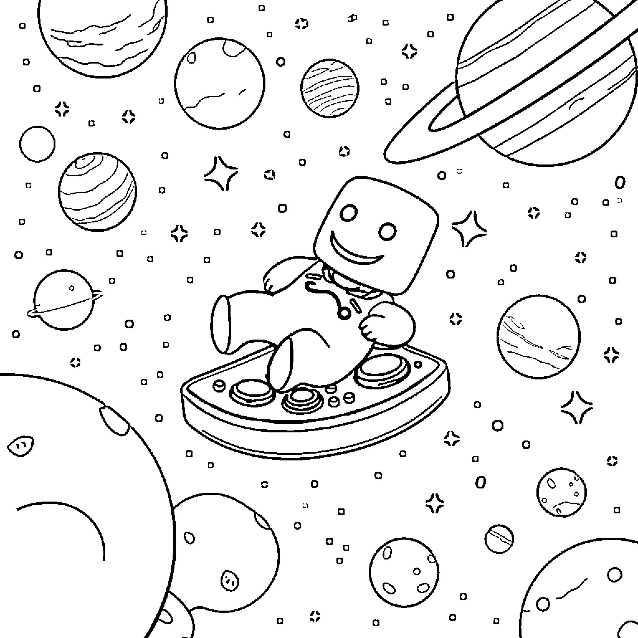 DJ Marshmallow Spinning Tunes in Cosmic Cosmos Coloring Page (free black-and-white line drawing printable PDF for all, from beginners to advanced learners, including children, teens, adults, and seniors)