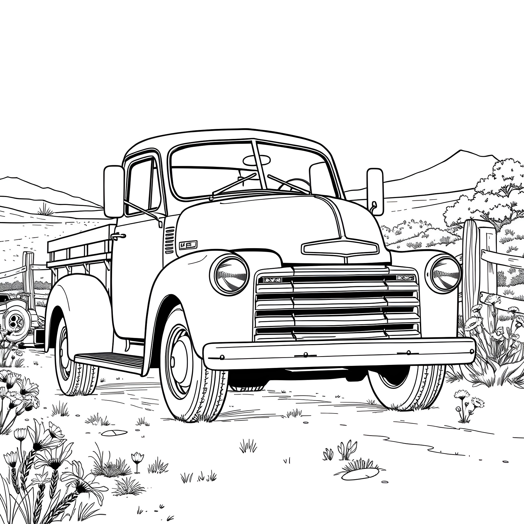 Truck parked in rural landscape Coloring Page (free black-and-white line drawing printable PDF for all, from beginners to advanced learners, including children, teens, adults, and seniors)