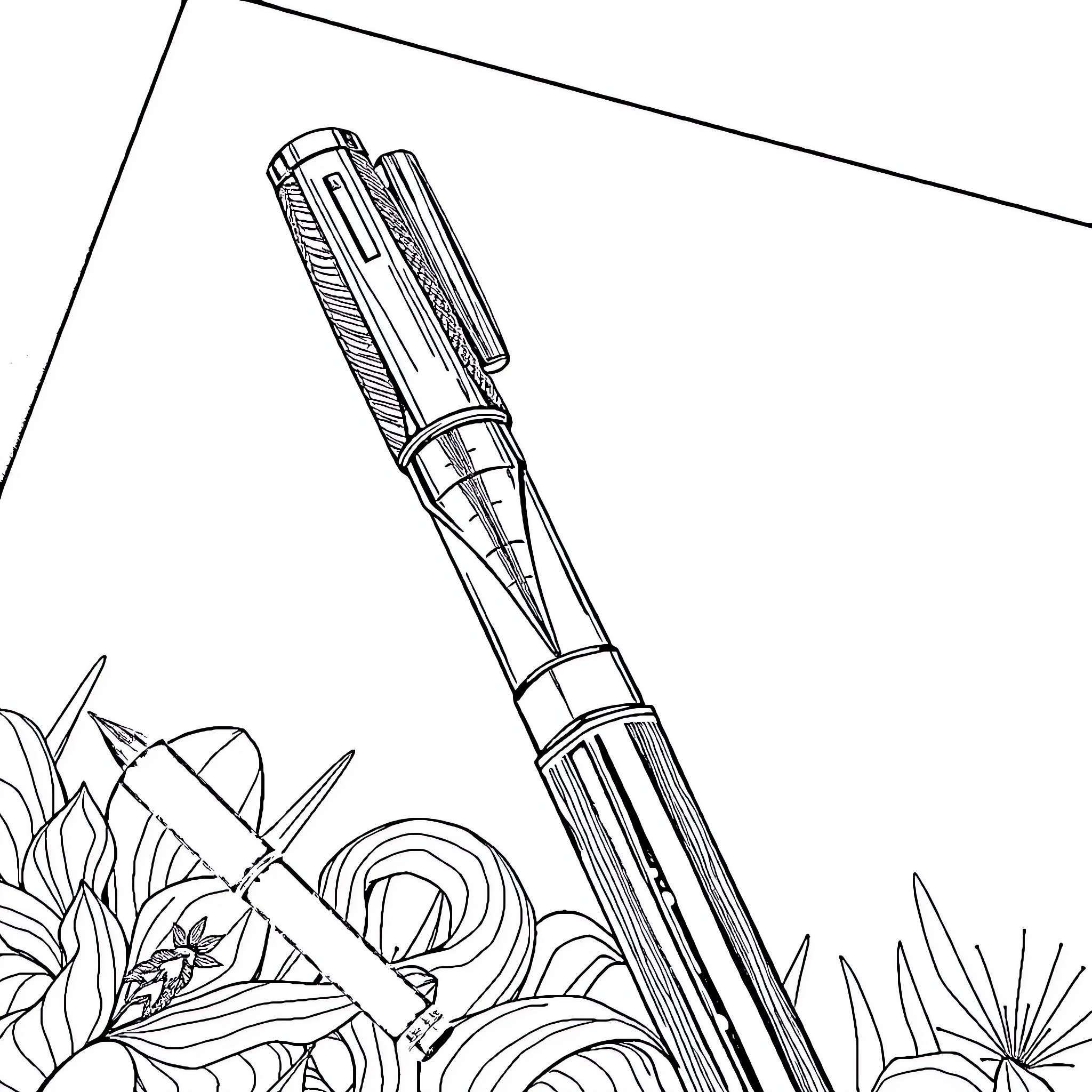 Pencil in abstract nature scene Coloring Page (free black-and-white line drawing printable PDF for all, from beginners to advanced learners, including children, teens, adults, and seniors)