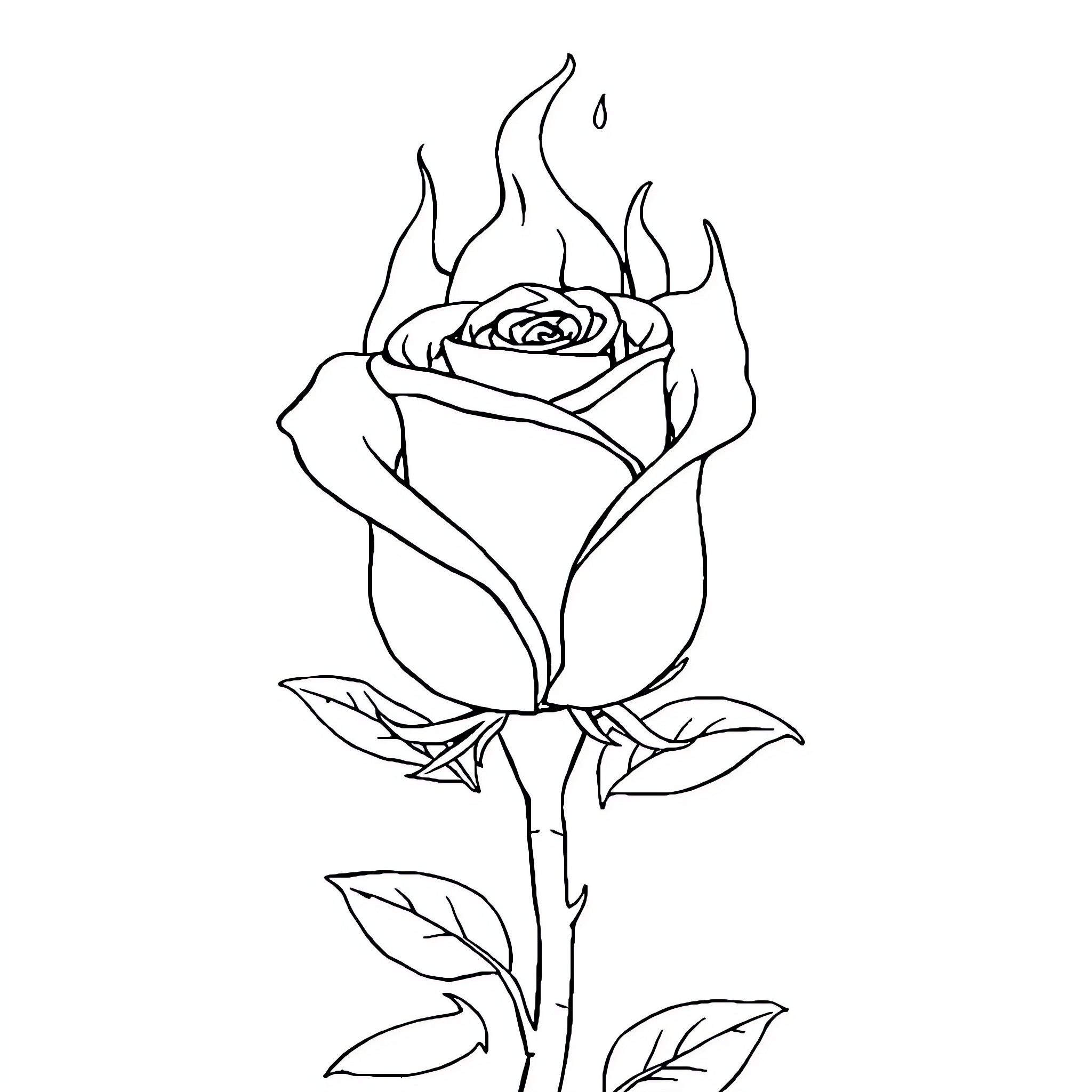Rose with Flickering Flames Coloring Page (free black-and-white line drawing printable PDF for all, from beginners to advanced learners, including children, teens, adults, and seniors)