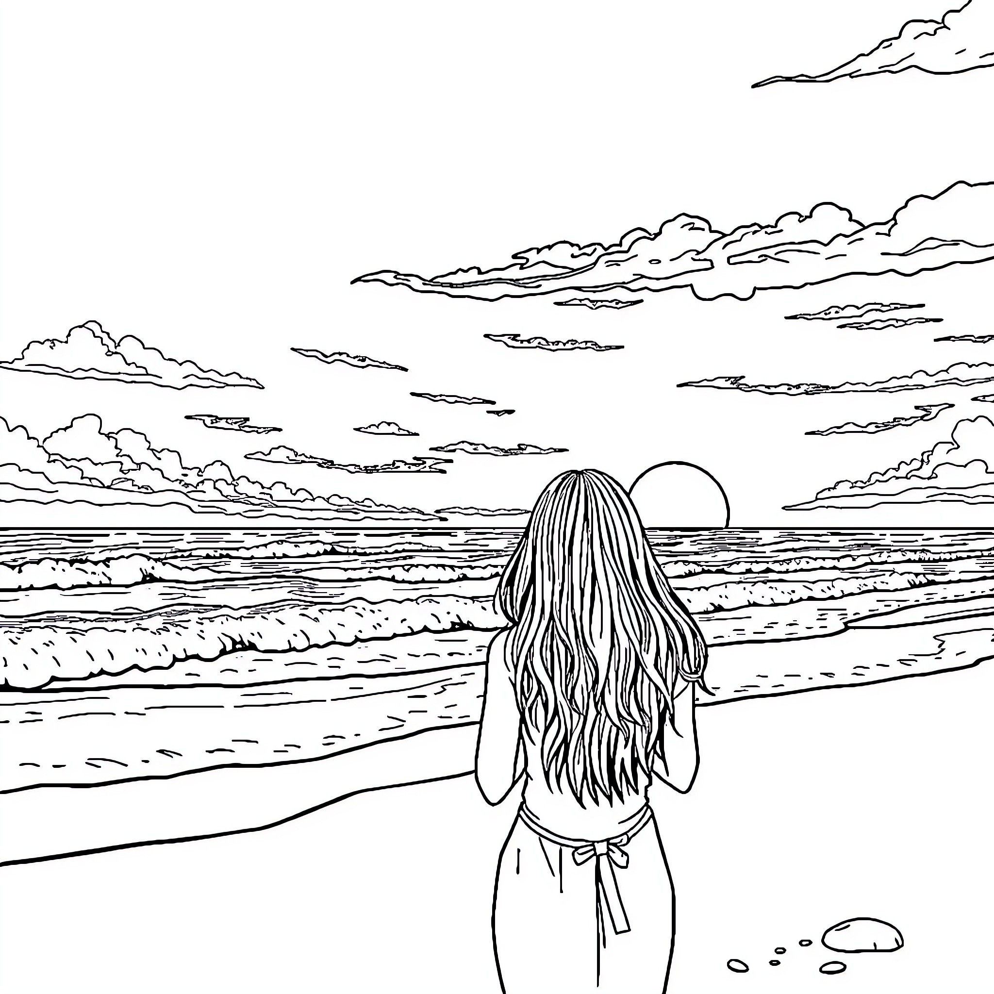 Person standing alone on the beach at sunset Coloring Page (free black-and-white line drawing printable PDF for all, from beginners to advanced learners, including children, teens, adults, and seniors)