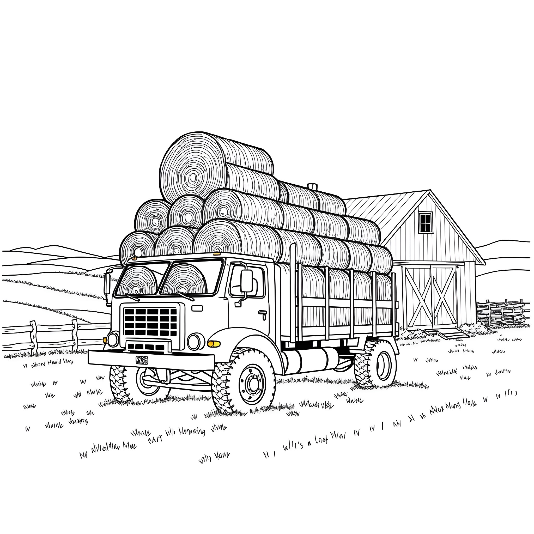 Bale Truck Transporting Hay Bales on Rural Farm Coloring Page (free black-and-white line drawing printable PDF for all, from beginners to advanced learners, including children, teens, adults, and seniors)