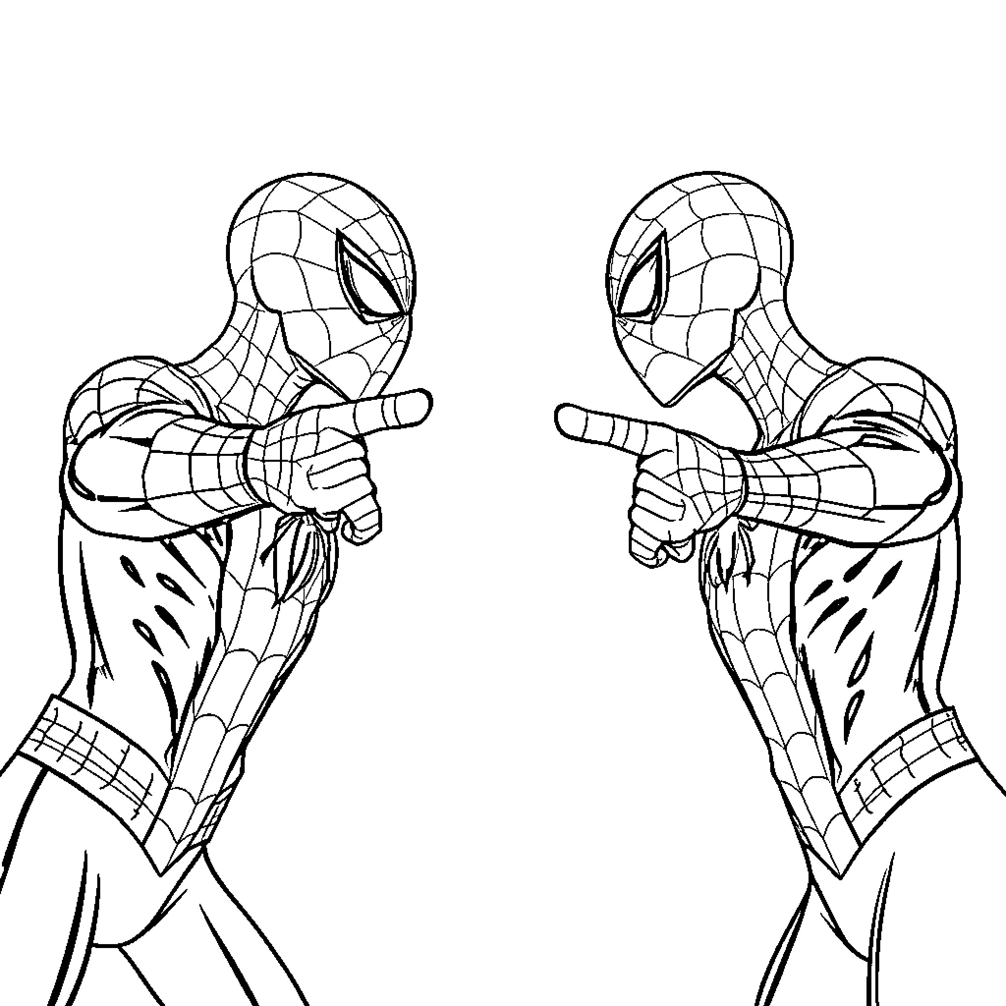 Spider-Man dueling in action poses Coloring Page (free black-and-white line drawing printable PDF for all, from beginners to advanced learners, including children, teens, adults, and seniors)